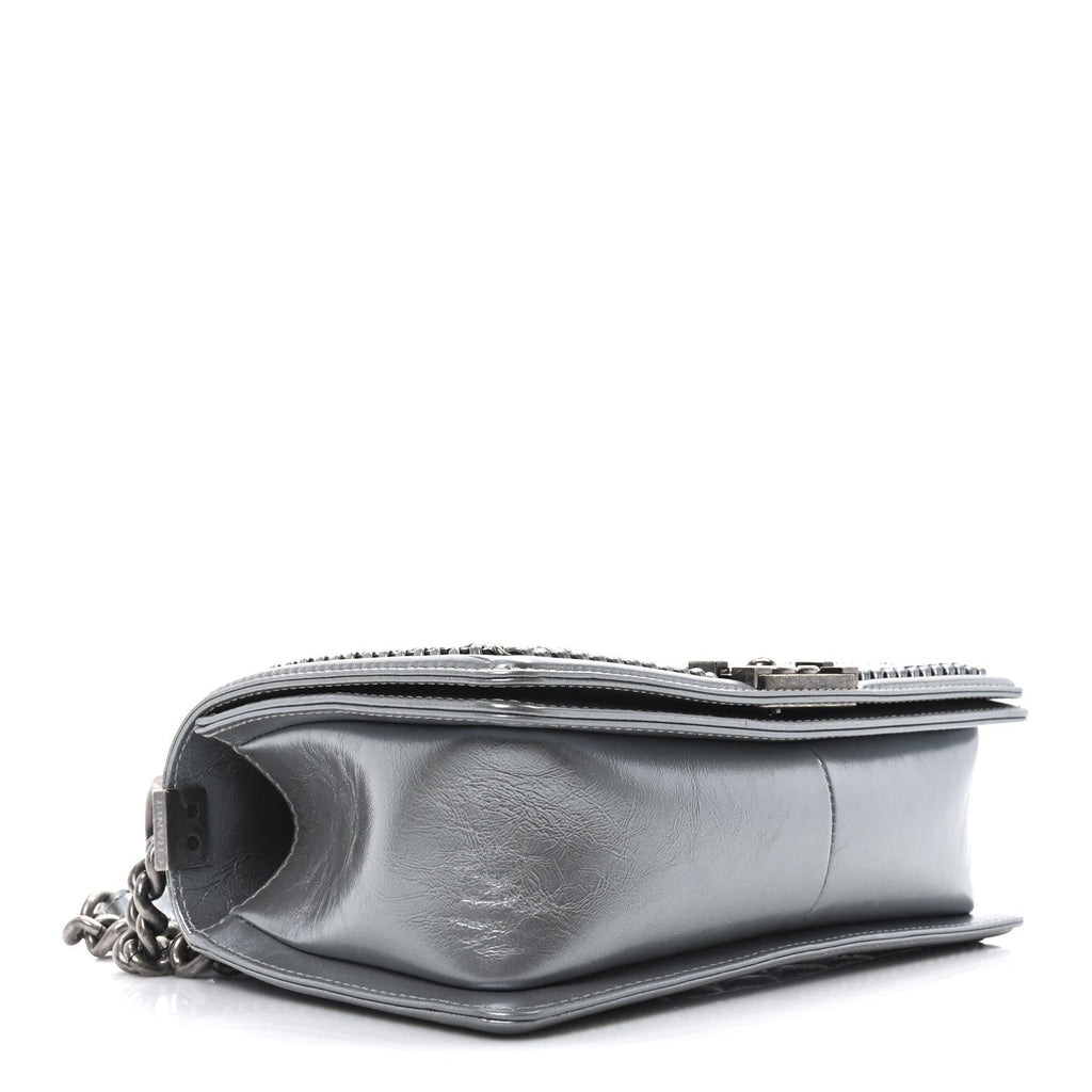 Metallic Calfskin Quilted Medium Top Handle Boy Flap Silver