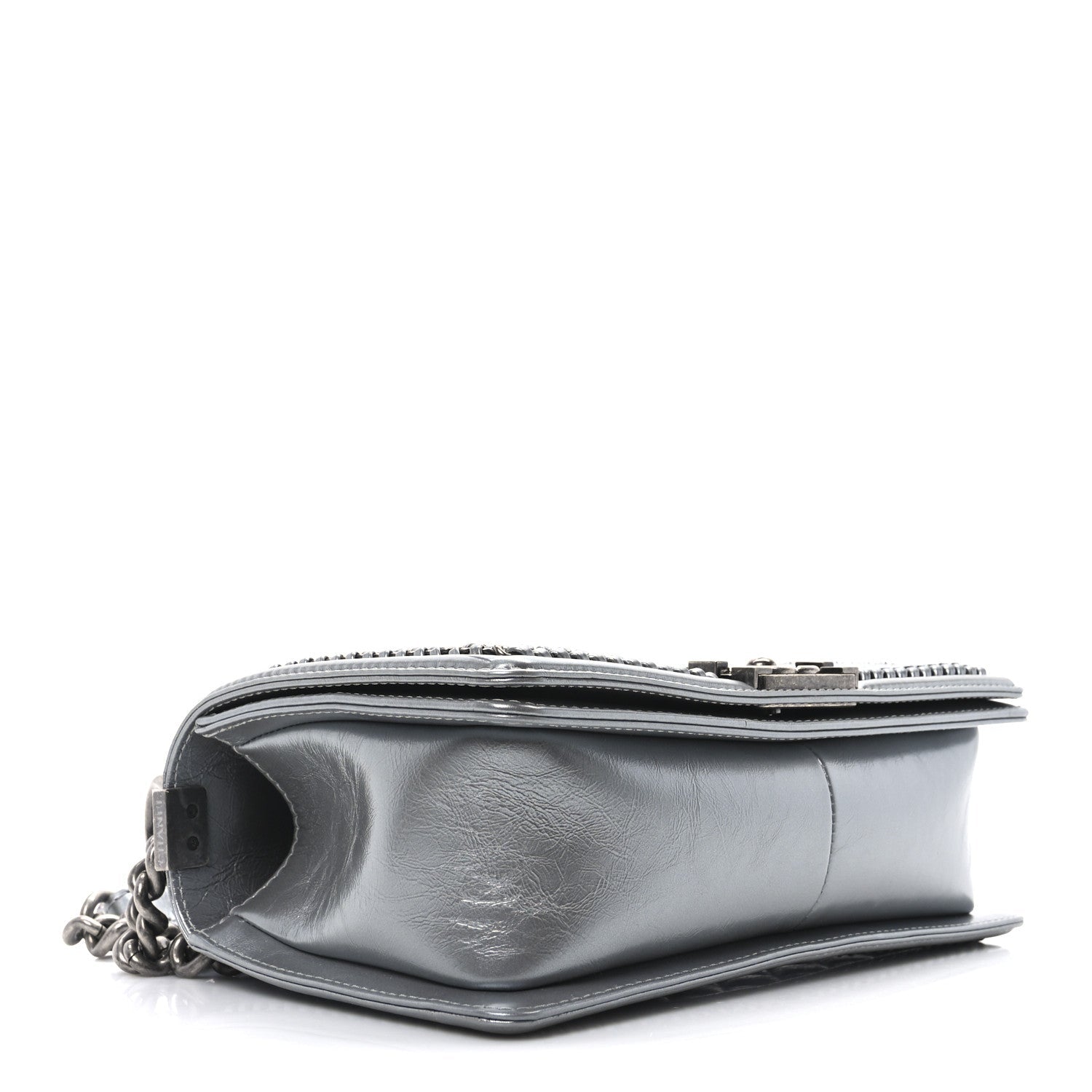 Metallic Calfskin Quilted Medium Top Handle Boy Flap Silver