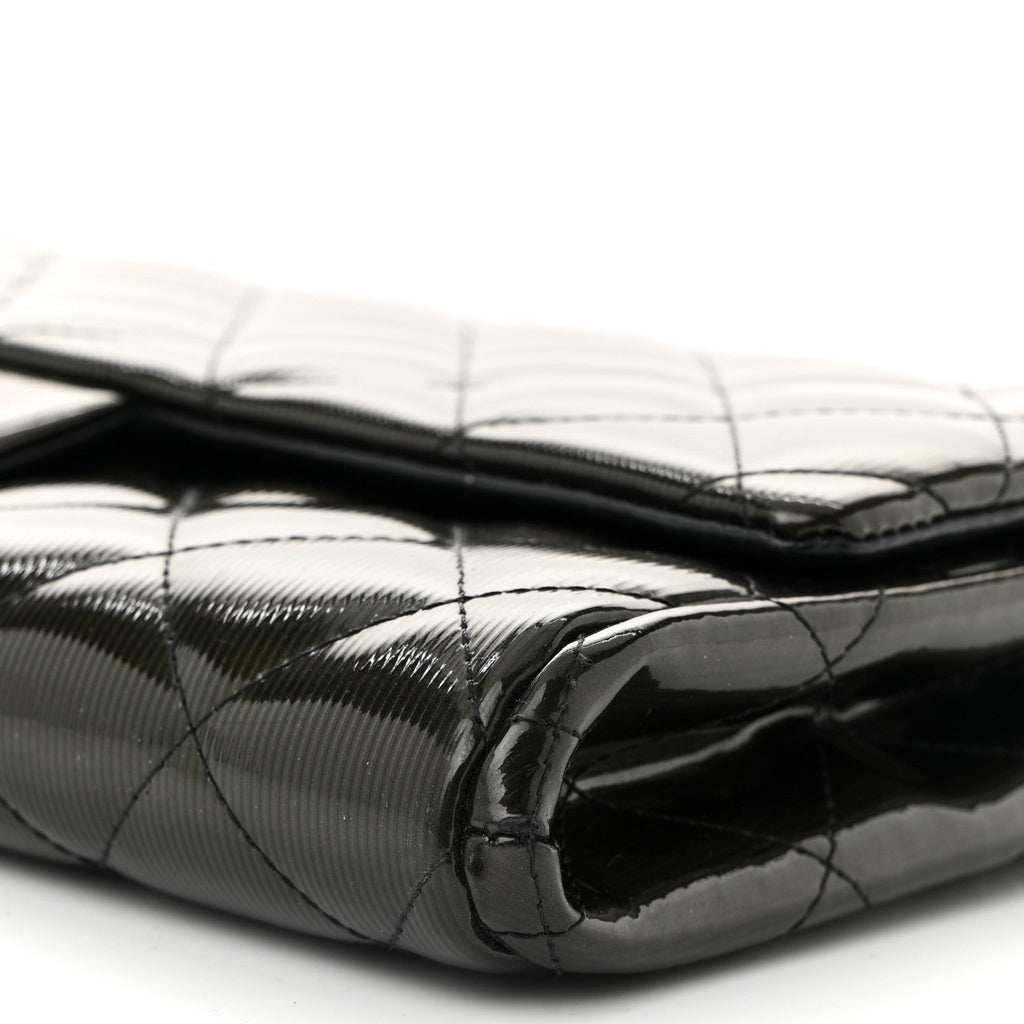 Striated Patent Quilted Clutch With Chain Flap Dark Grey