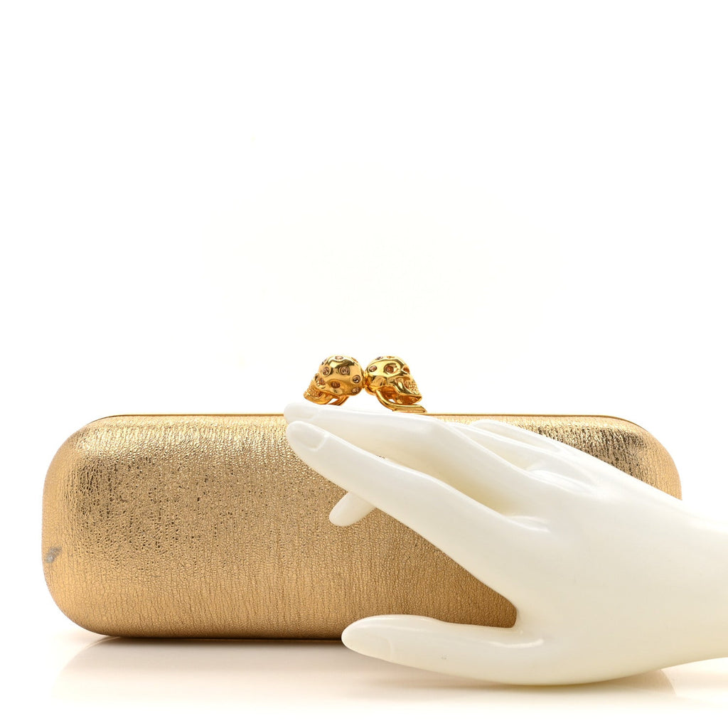 Nappa Metallic Twin Skull Box Clutch Gold