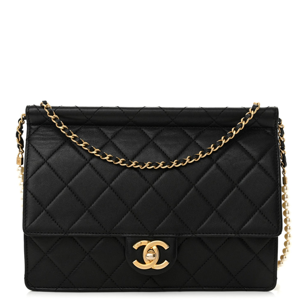 Lambskin Quilted Large Pearl Chain Flap Bag Black