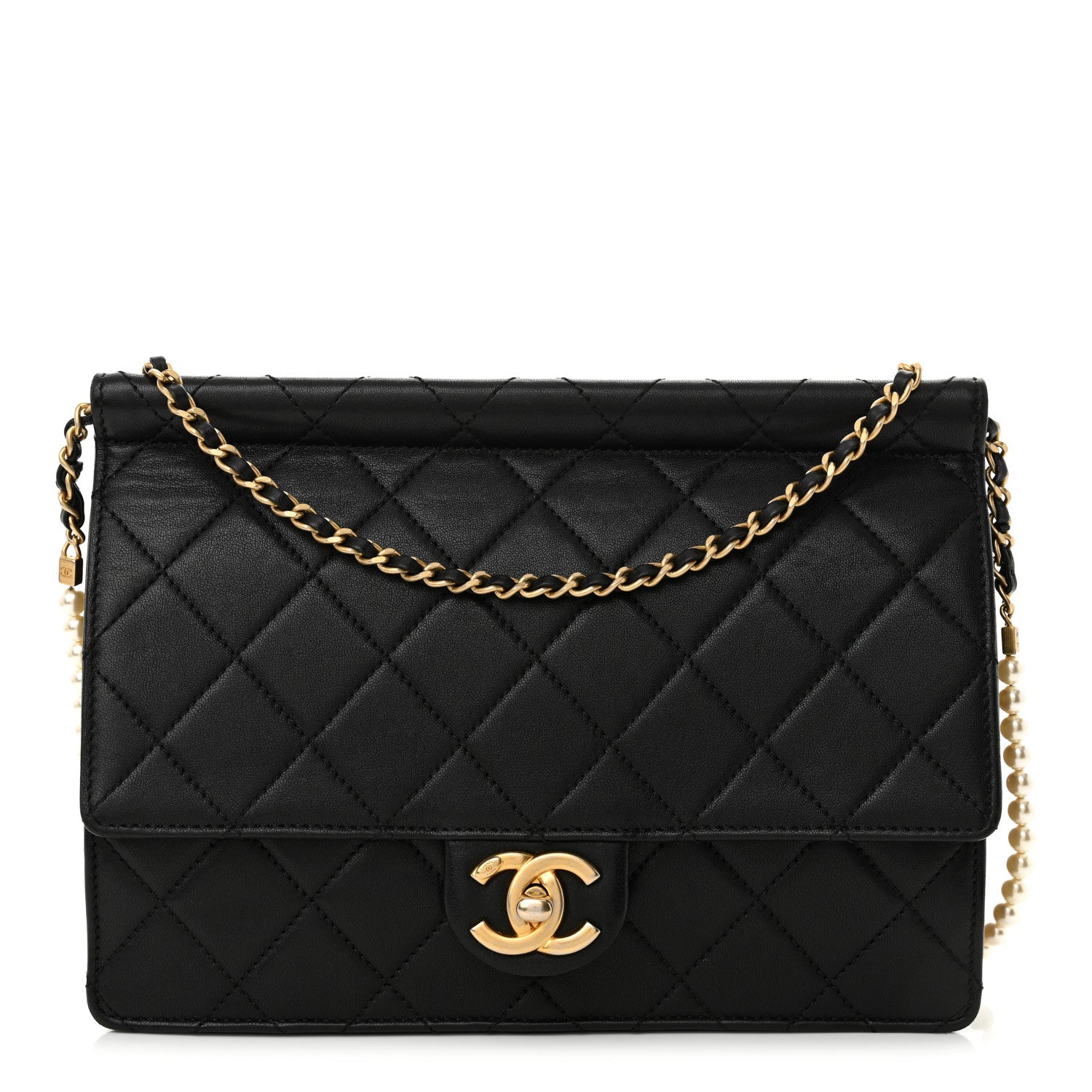 Lambskin Quilted Large Pearl Chain Flap Bag Black