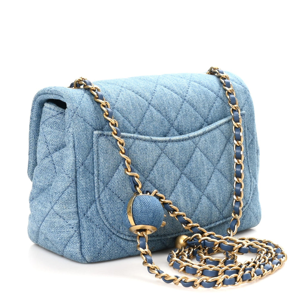 Denim Quilted Mini Pearl Crush Flap Blue