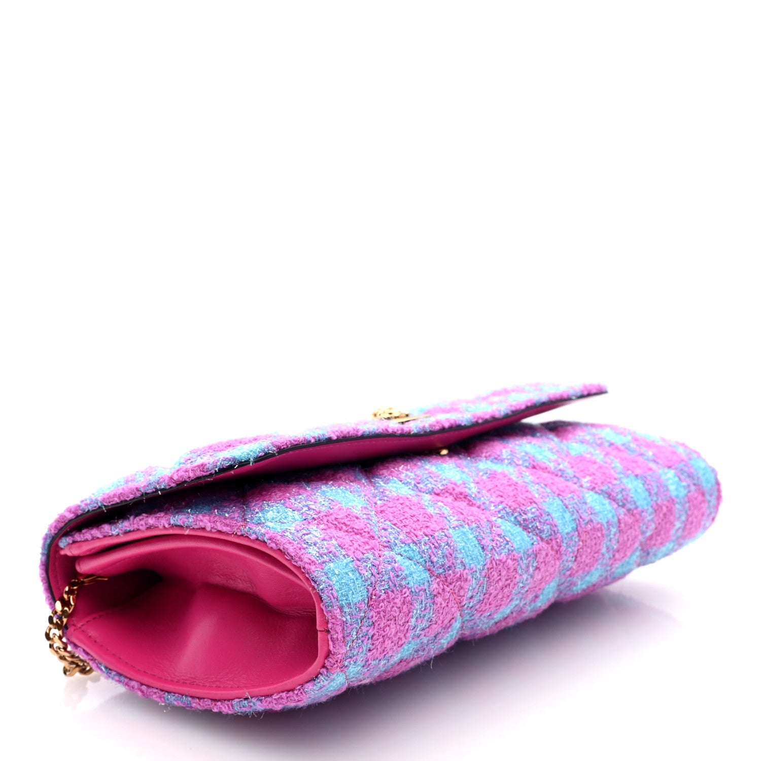 Tweed Quilted Medusa Wallet on Chain Crossbody Pink Blue