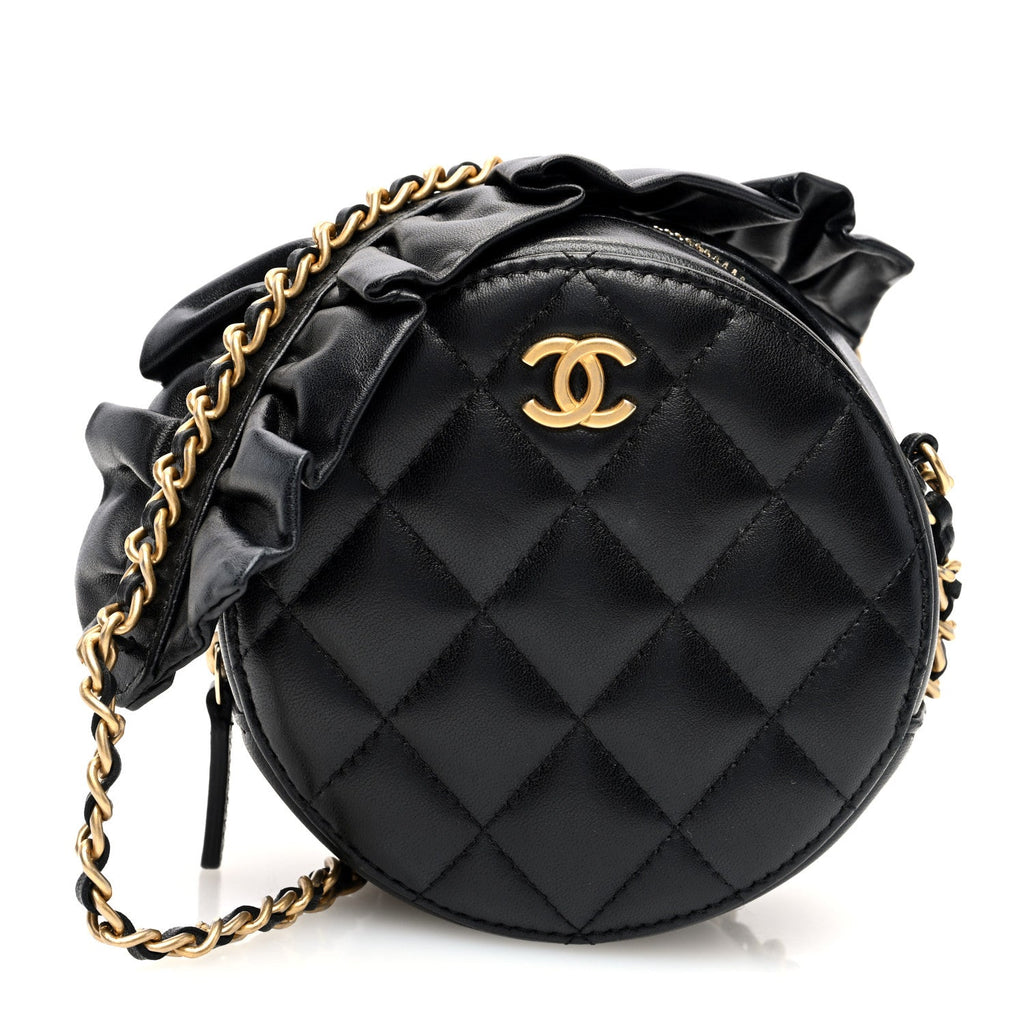 Lambskin Quilted Romance Round Clutch With Chain Black