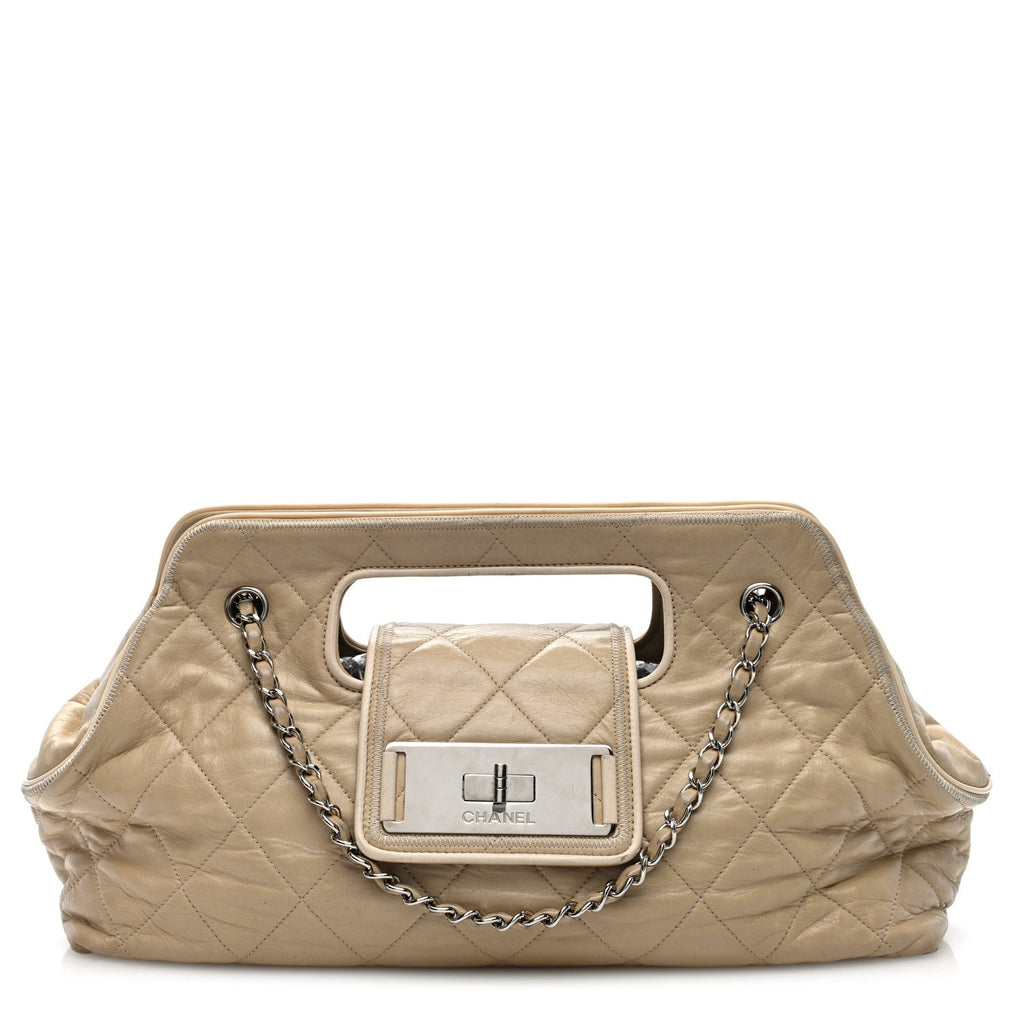 Lambskin Quilted Large East West Accordion Flap Beige