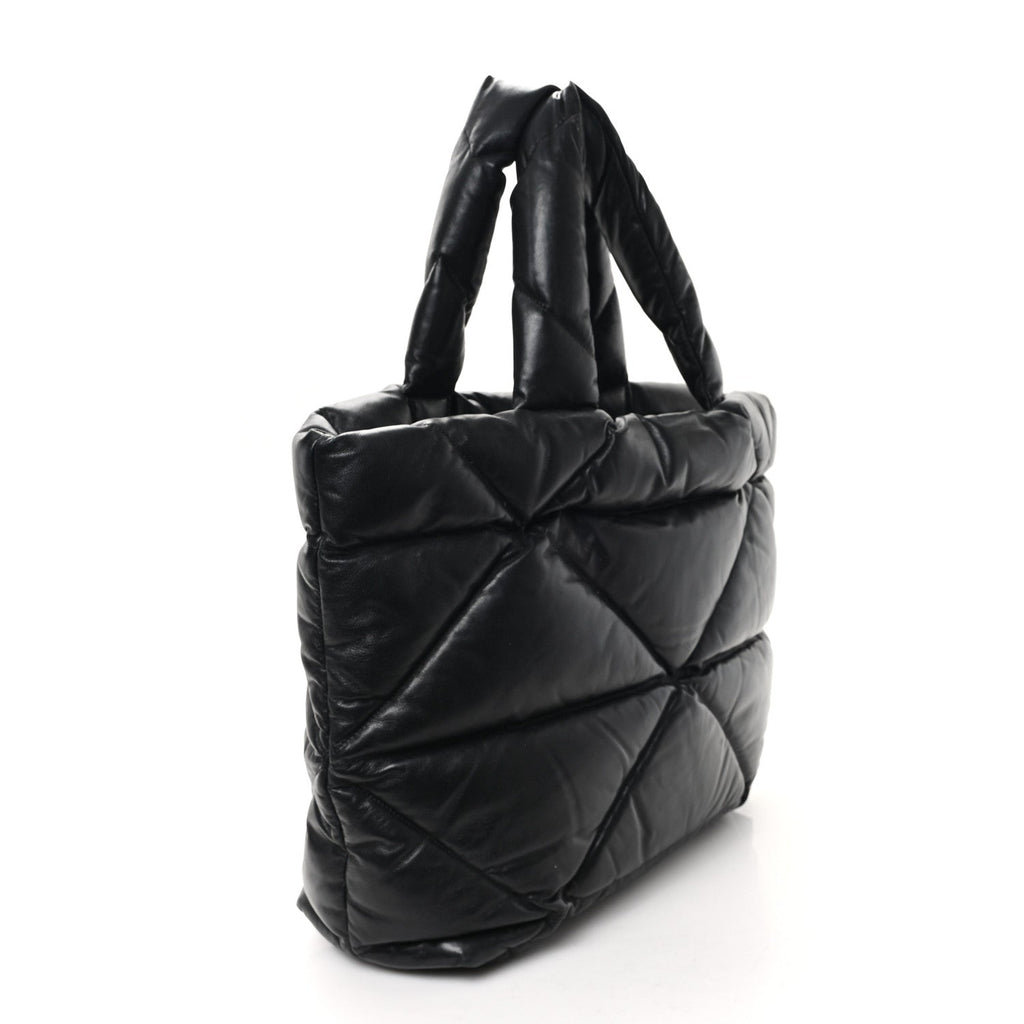 Nappa Soft Padded Logo Embossed Triangle Quilted Tote Black
