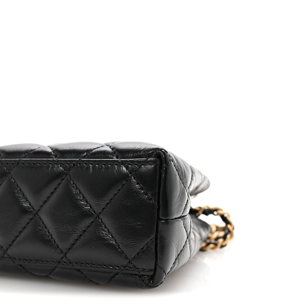 Shiny Aged Calfskin Quilted Nano Kelly Shopper Black