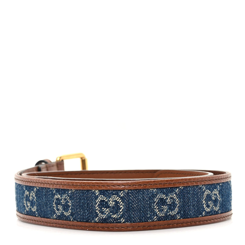 New Denim GG Monogram Dollar Calfskin Belt 65 26 Blue Tea Cuir Epilog