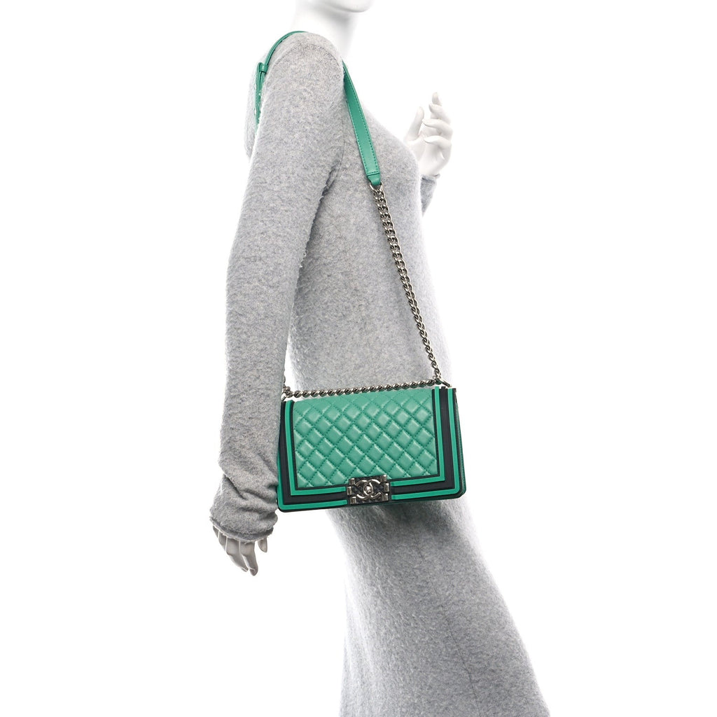 Lambskin Rubber Quilted Medium Two Tone Boy Flap Green Black