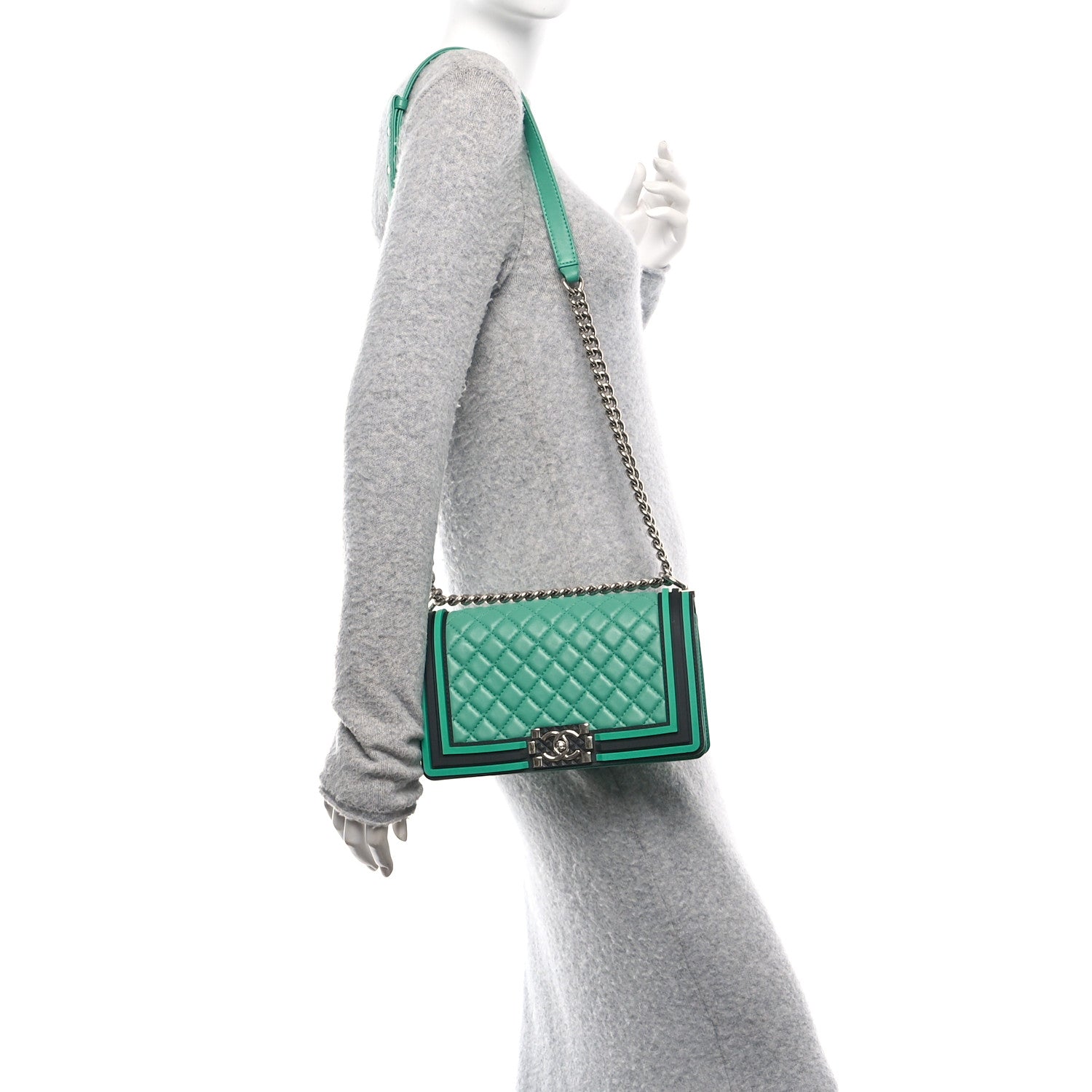 Lambskin Rubber Quilted Medium Two Tone Boy Flap Green Black