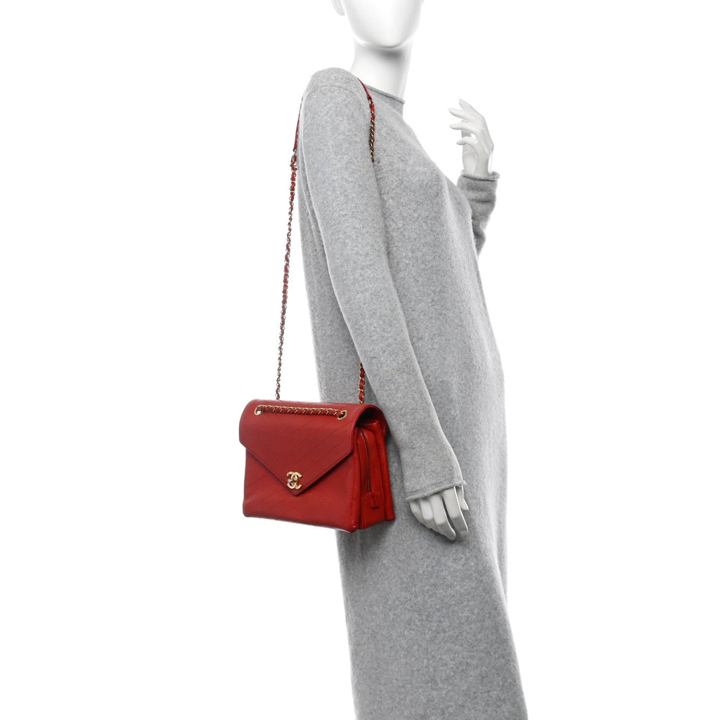 Lambskin Chevron Stitched Medium Envelope Flap Red