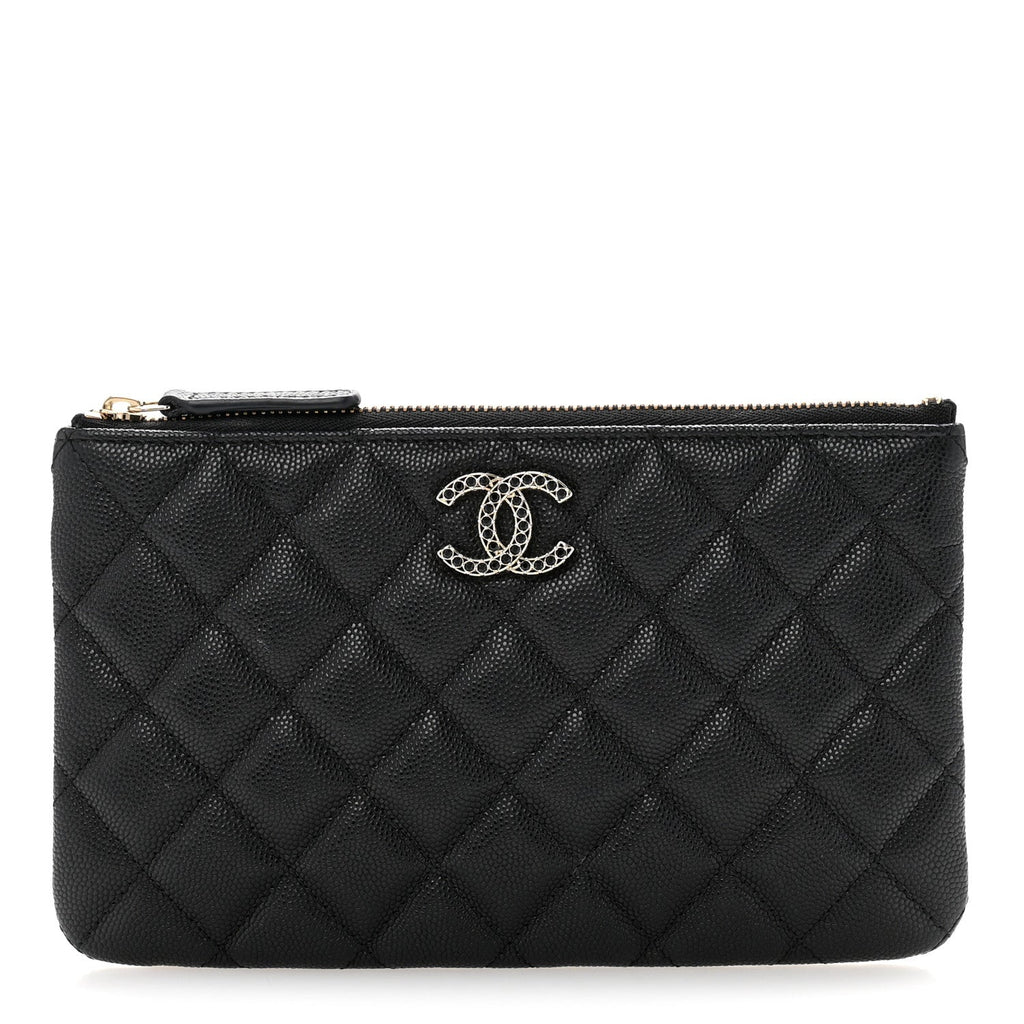 Shiny Caviar Quilted Strass CC Cosmetic Case Black