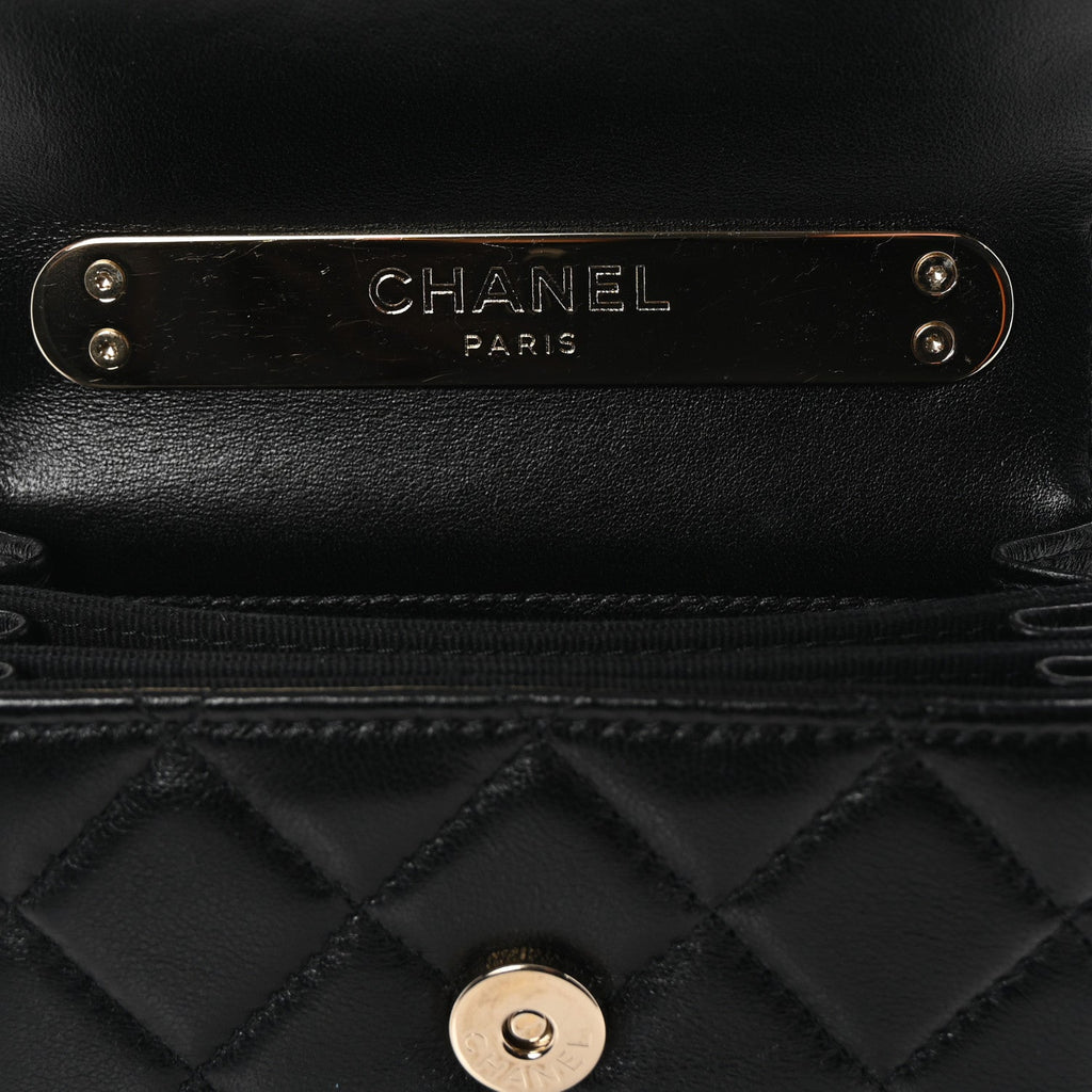 Lambskin Quilted Top Handle Flap Clutch With Chain Black