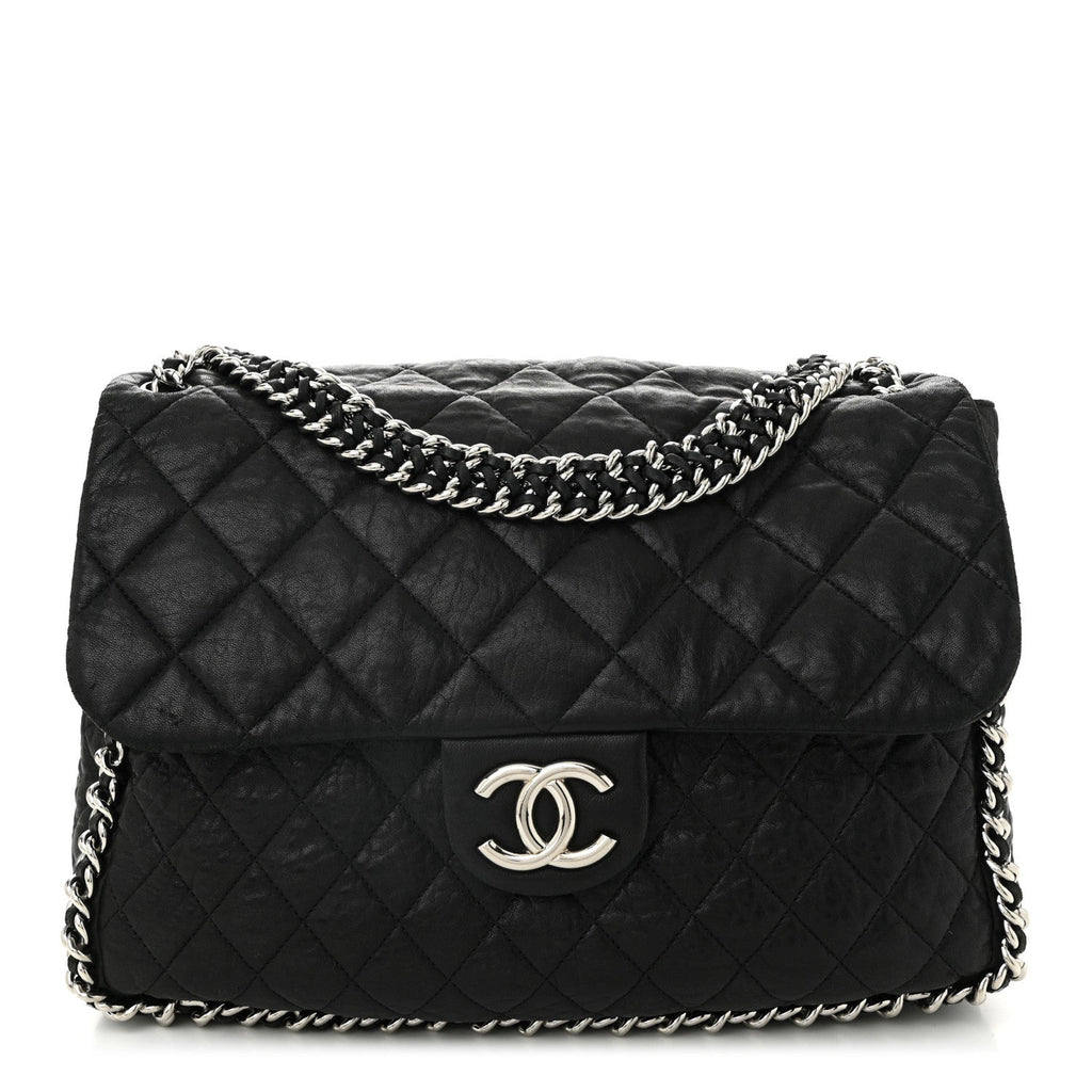Washed Lambskin Quilted Maxi Chain Around Flap Black