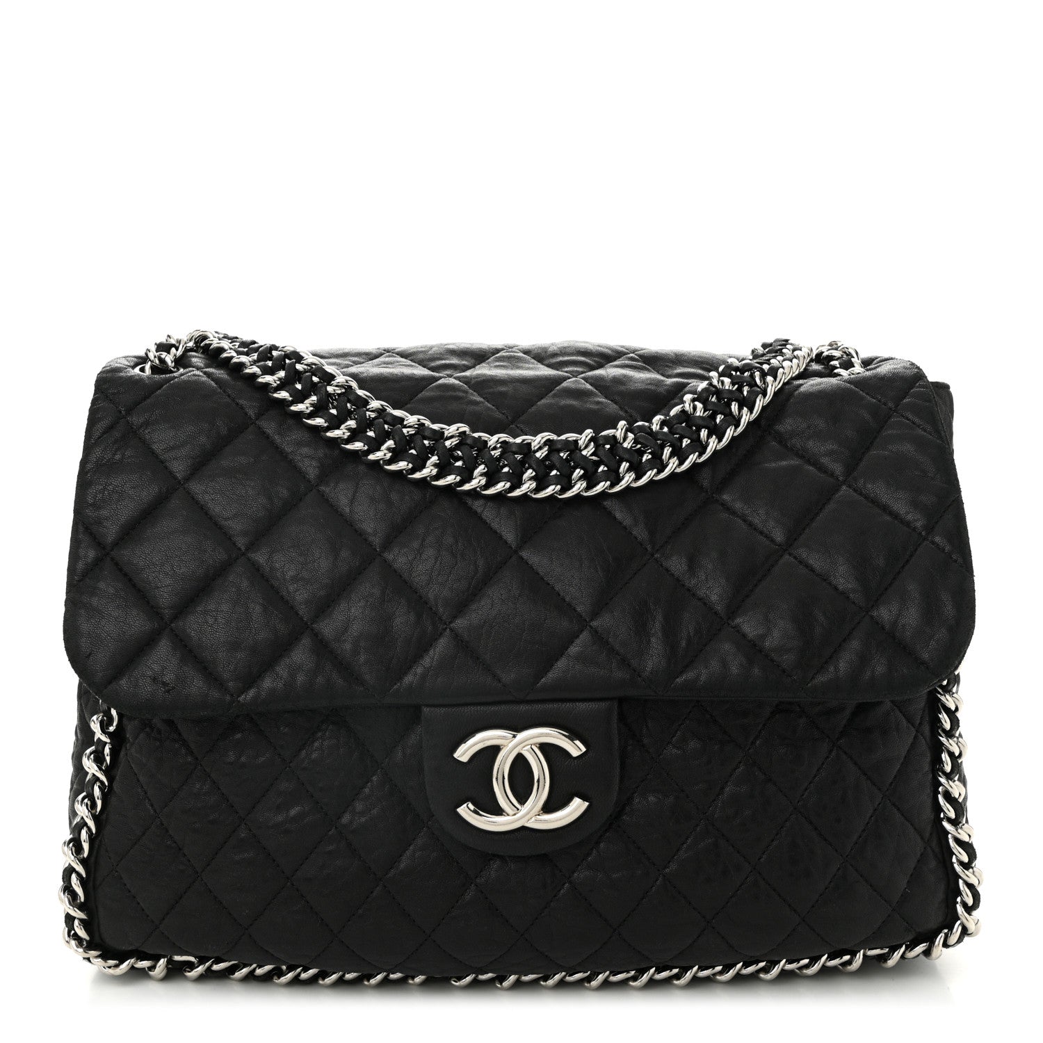 Washed Lambskin Quilted Maxi Chain Around Flap Black