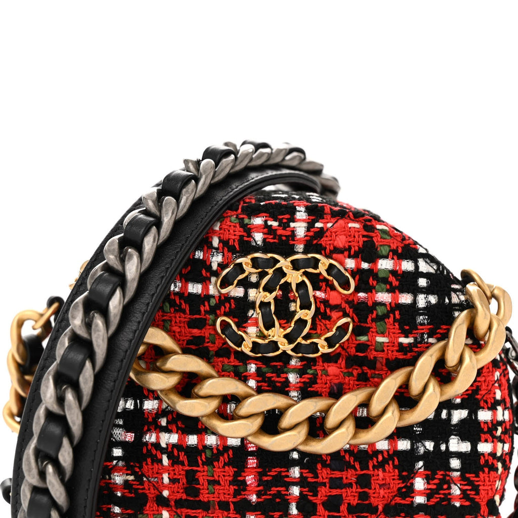 Tweed Quilted Chanel 19 Round Clutch With Chain  Red Black White Green