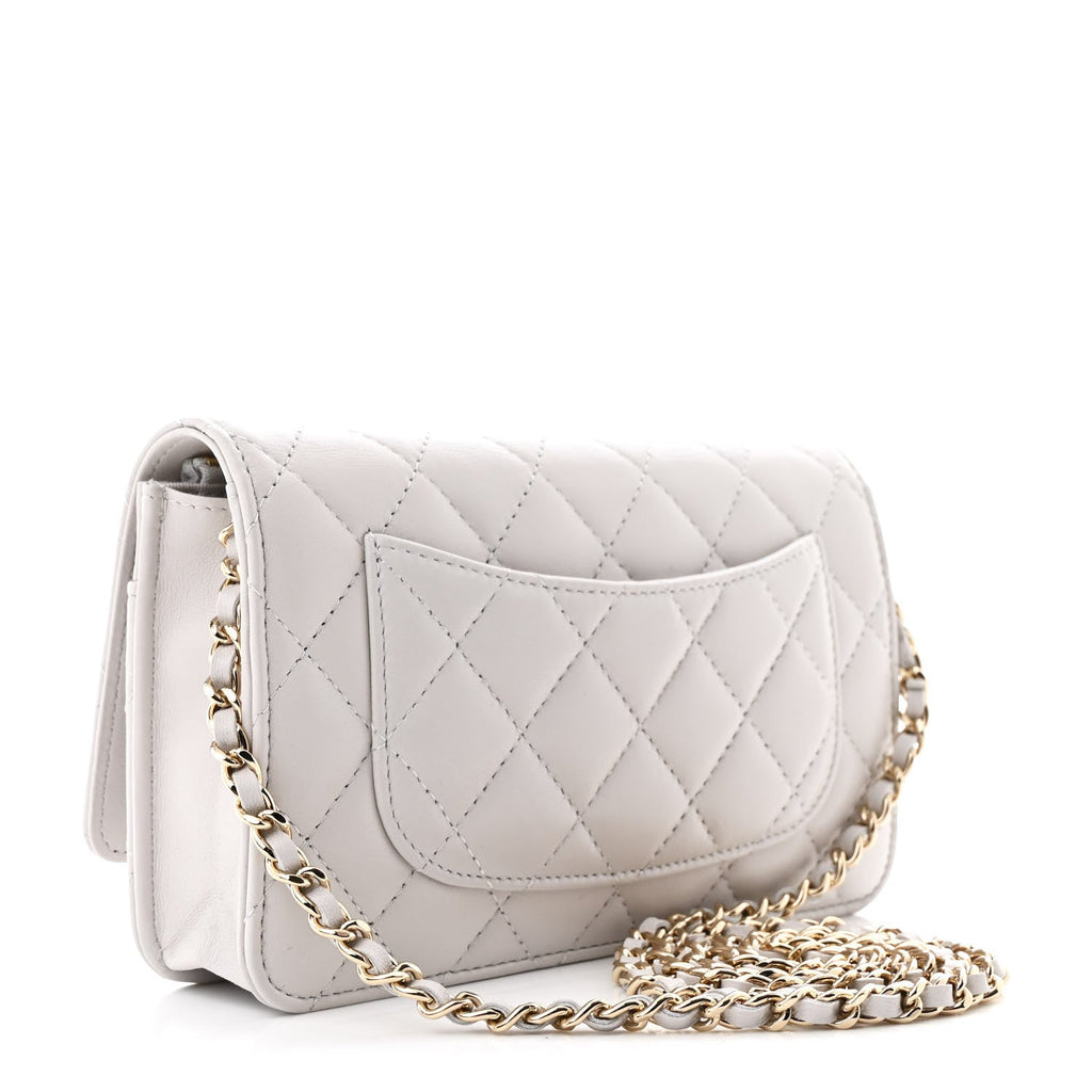 Lambskin Quilted Crystal CC Wallet On Chain WOC Grey