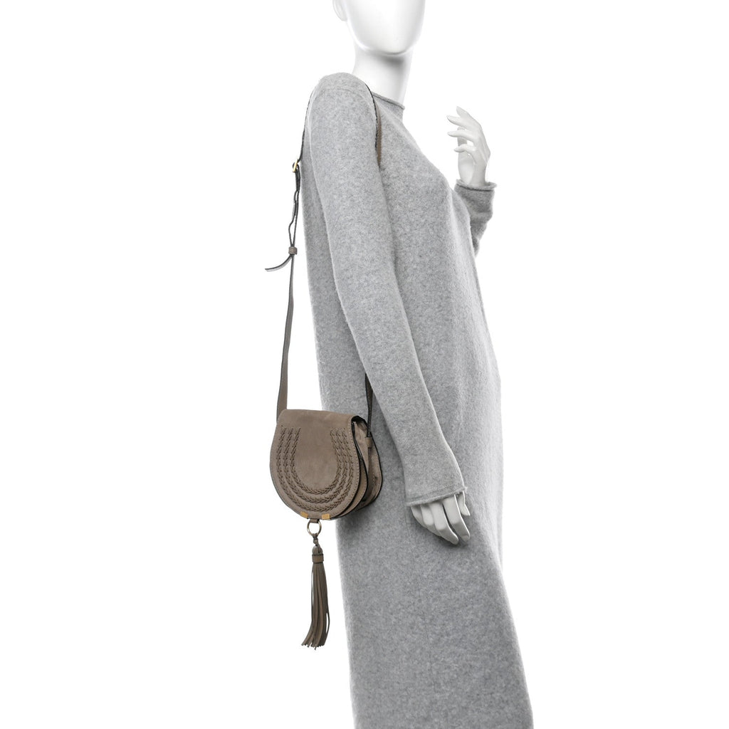 Suede Calfskin Braided Mini Marcie Round Crossbody Bag Motty Grey