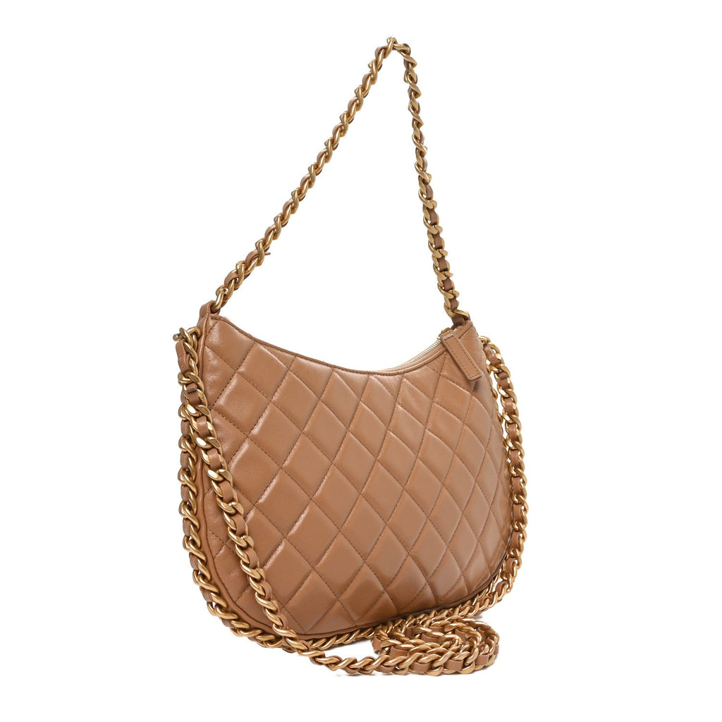 Shiny Crumpled Lambskin Quilted Large Trendy Chain Around Hobo Dark Beige