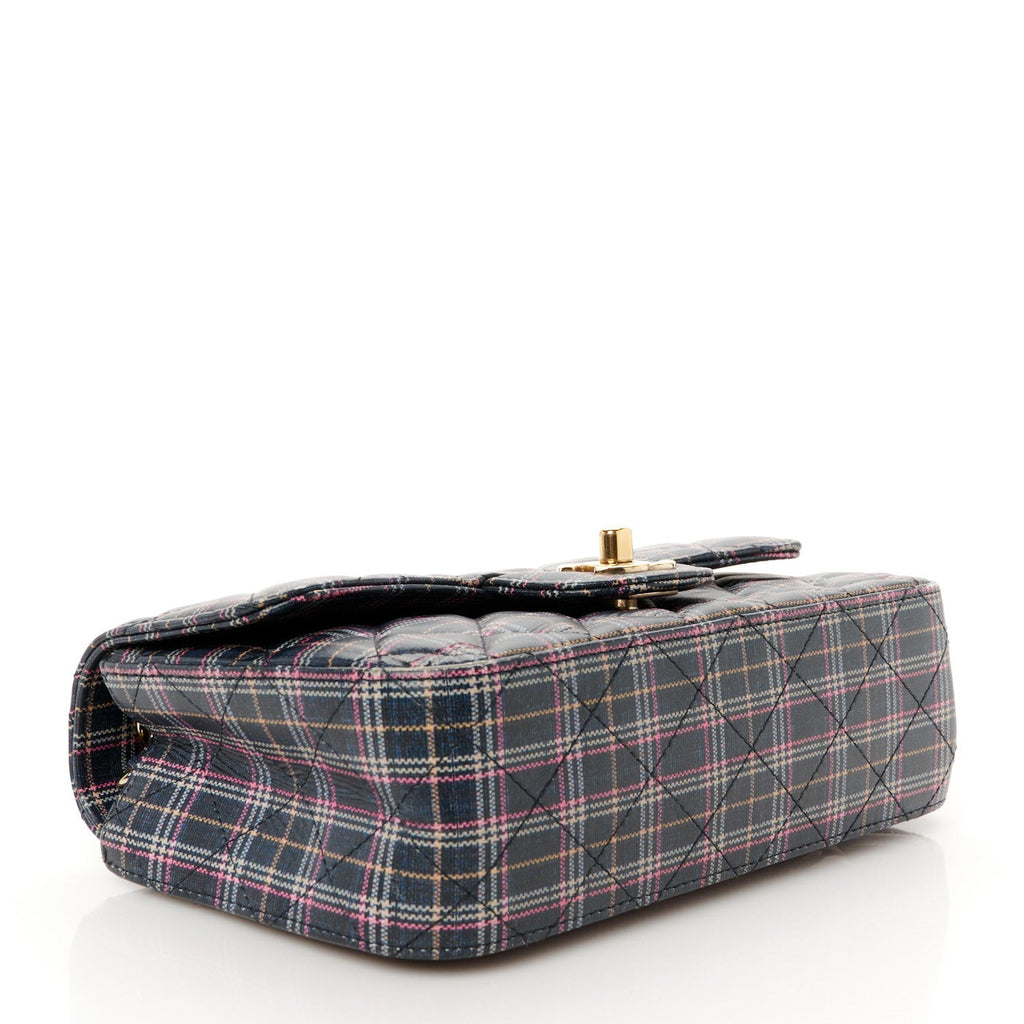 Calfskin Quilted Plaid Printed Small Single Flap Navy Multicolor