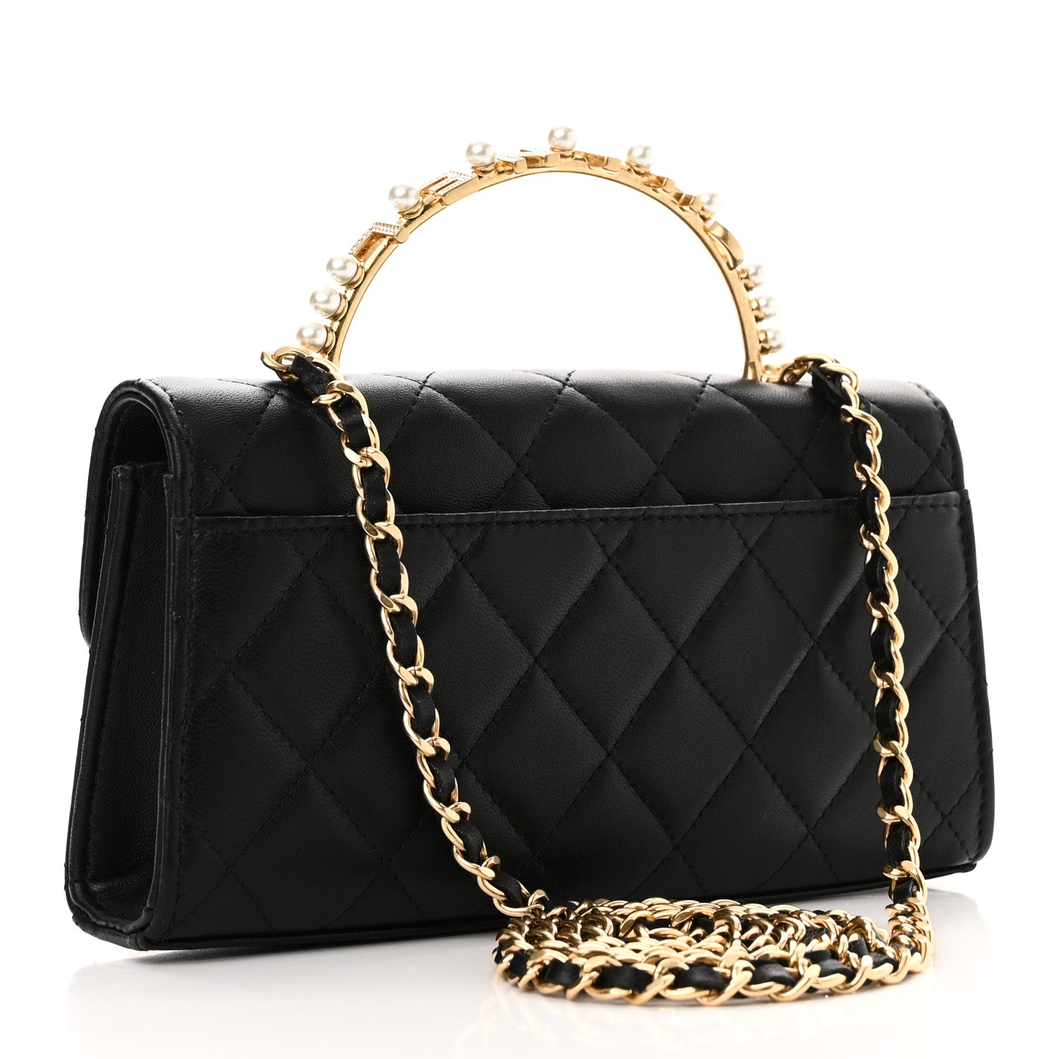 Lambskin Pearl Crystal Quilted Pearly Girl Handle Flap Phone Holder With Chain Black
