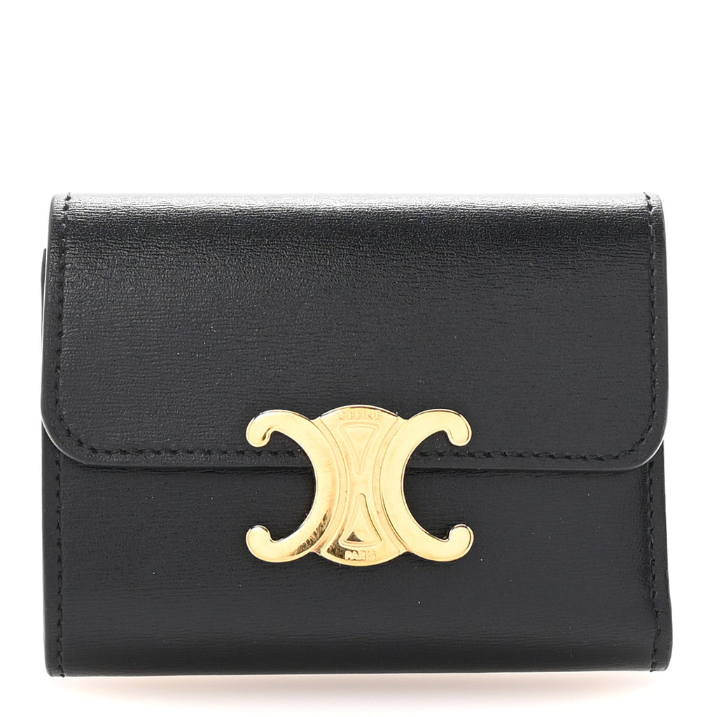 Shiny Calfskin Compact Triomphe Wallet With Coin Purse Black
