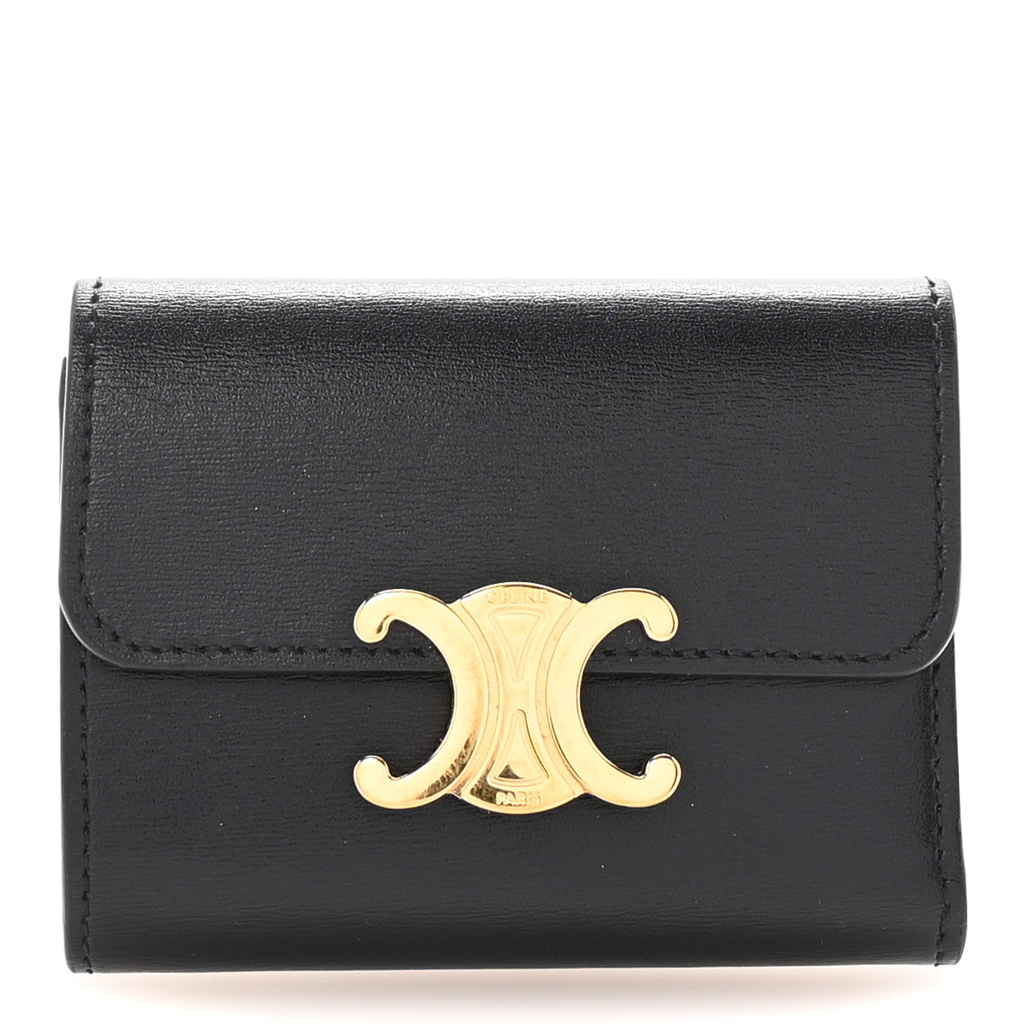 Shiny Calfskin Compact Triomphe Wallet With Coin Purse Black