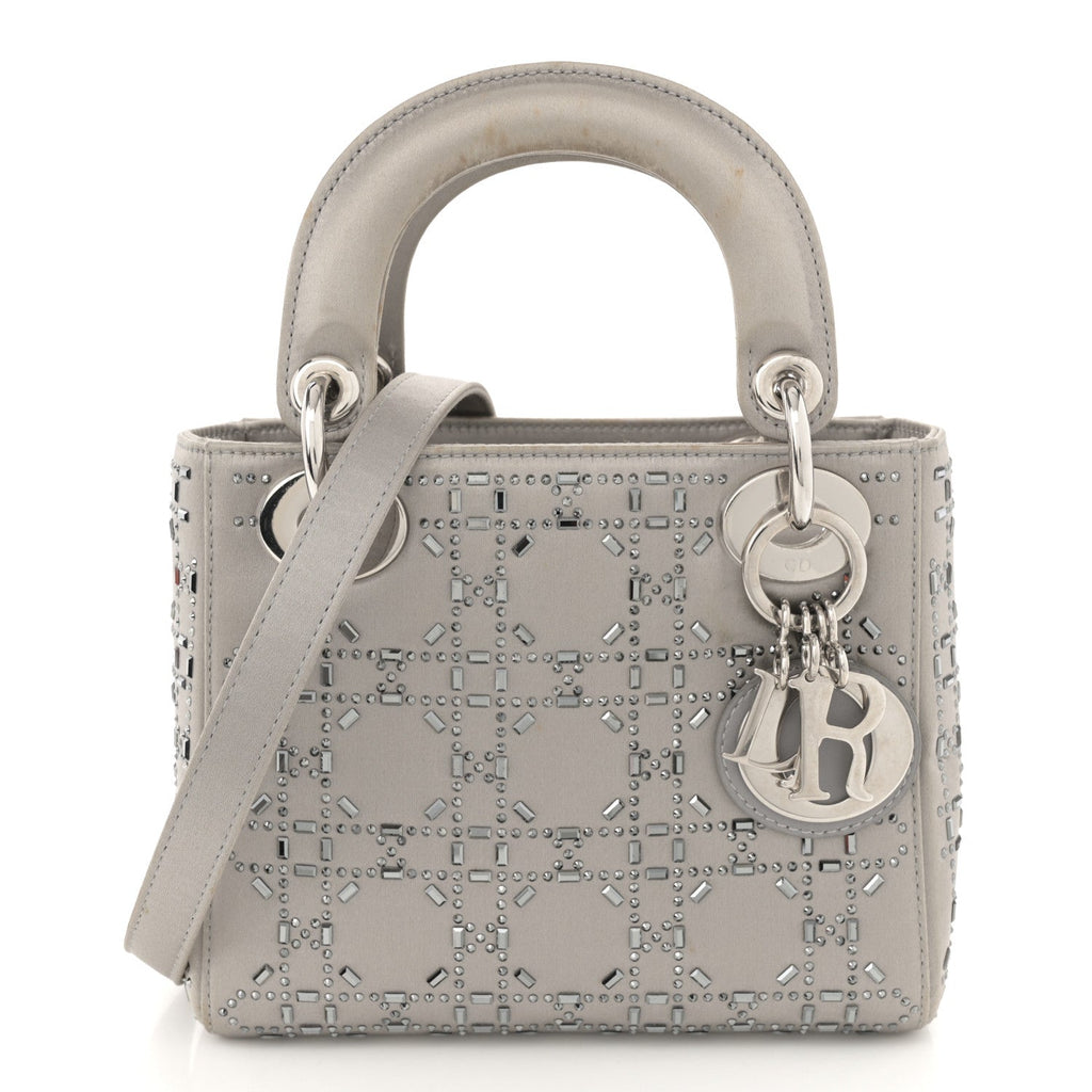 Satin Crystal Cannage Mini Lady Dior Gray