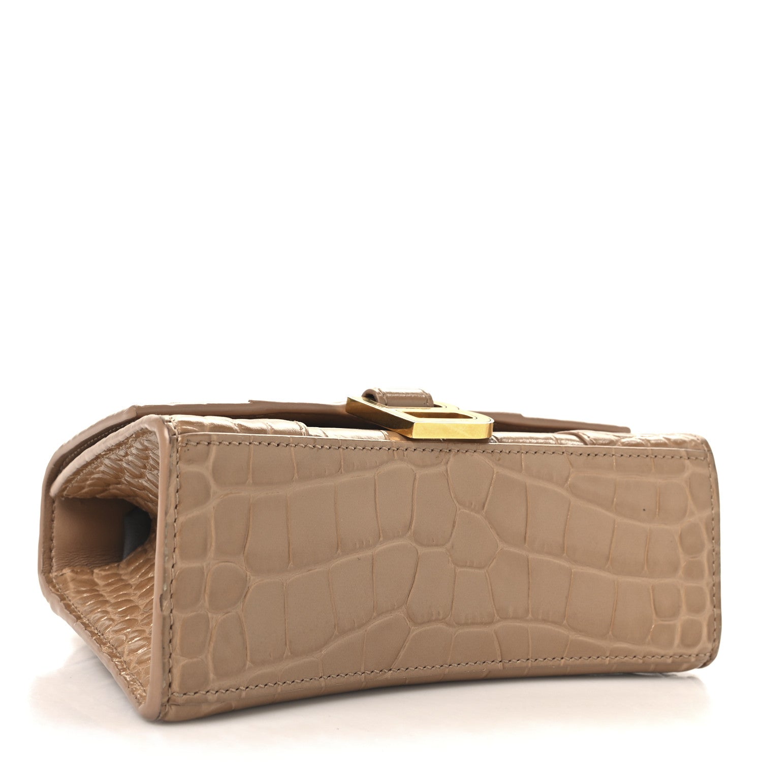 Shiny Calfskin Crocodile Embossed Hourglass Top Handle Bag XS Nude Beige