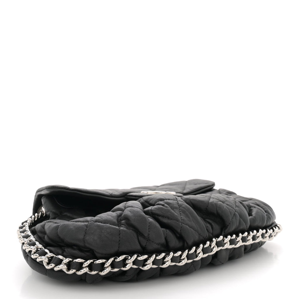 Washed Lambskin Quilted Medium Chain Around Messenger Black