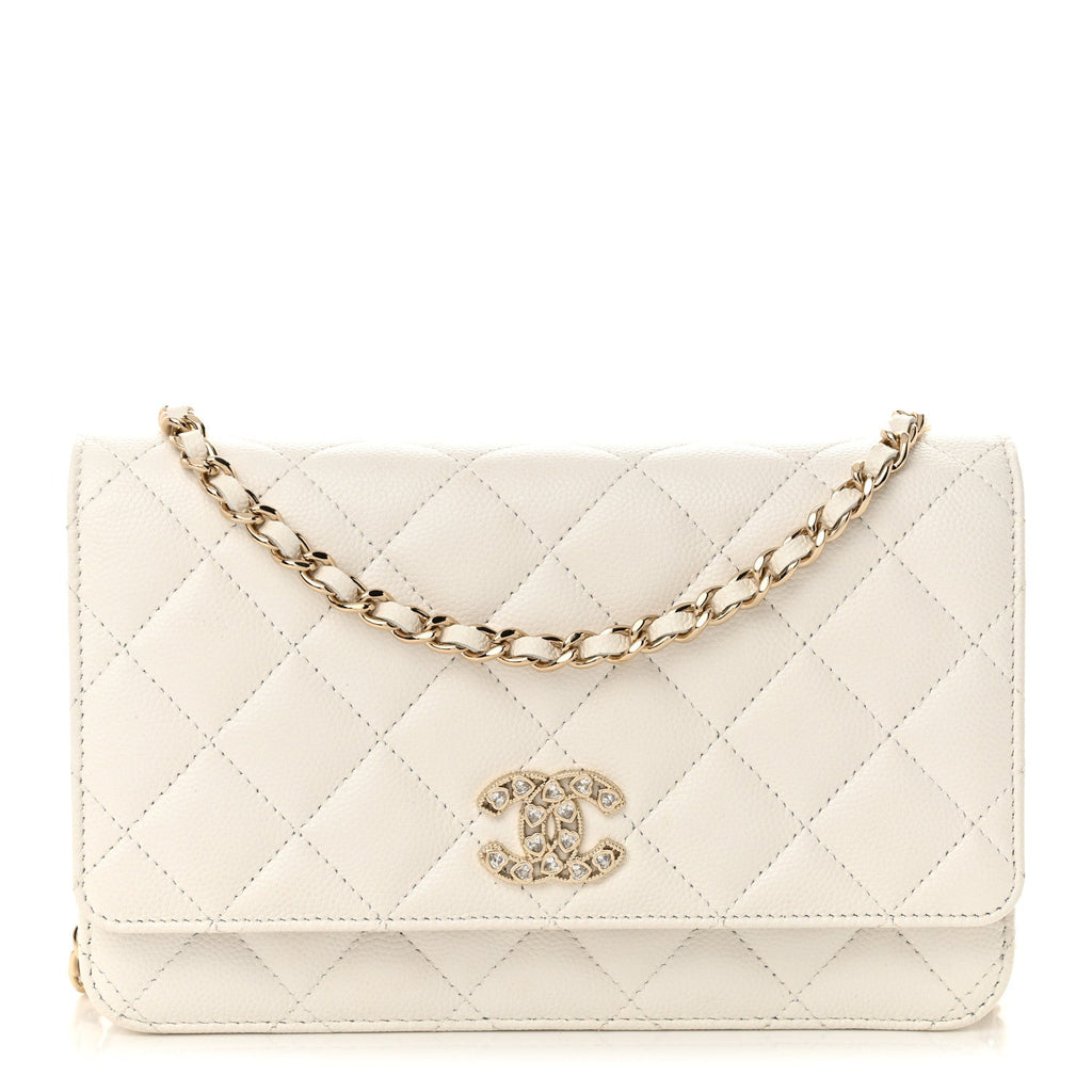 Shiny Caviar Quilted Crystal Heart CC Wallet On Chain WOC White