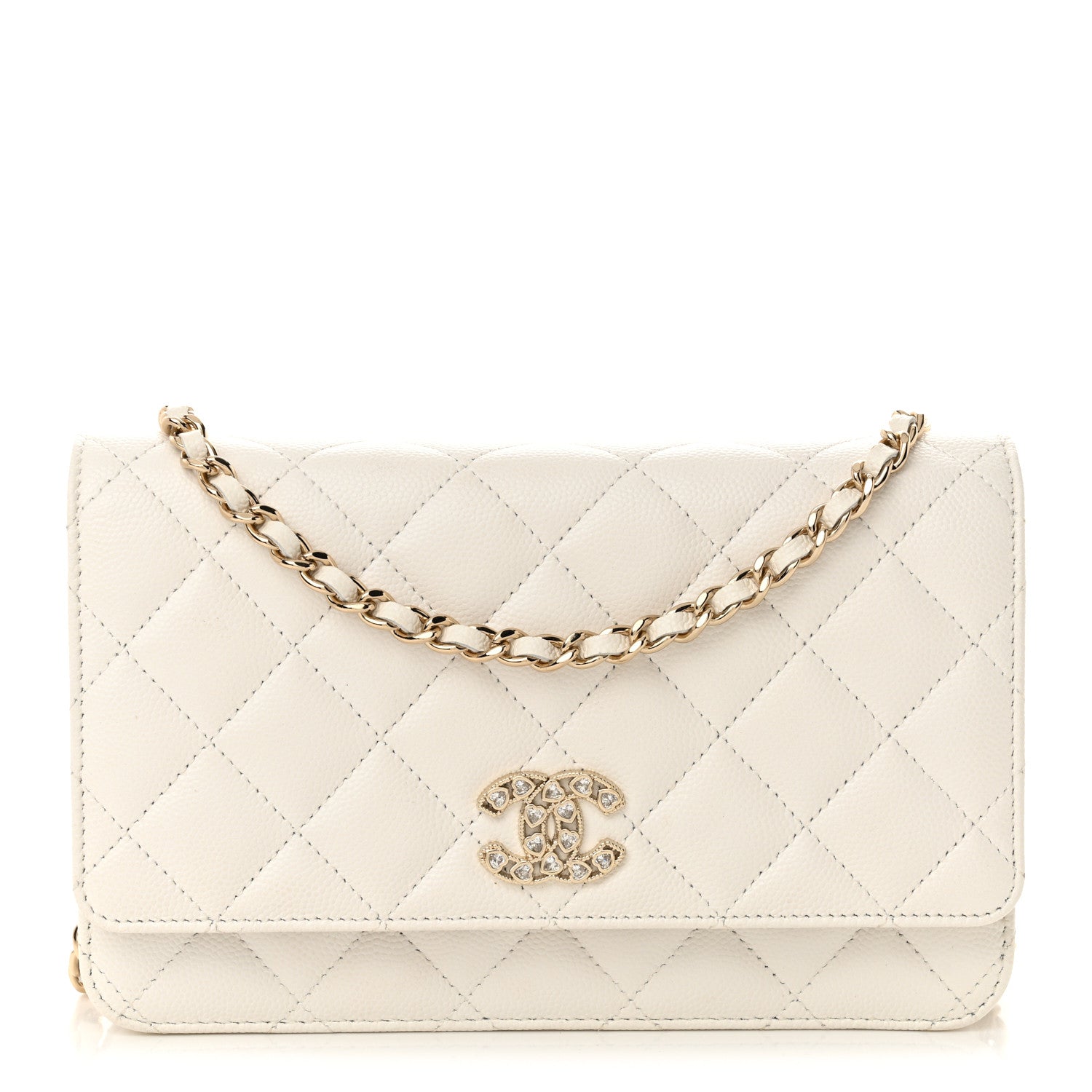 Shiny Caviar Quilted Crystal Heart CC Wallet On Chain WOC White