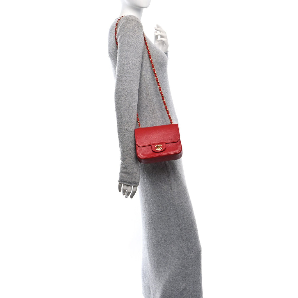 Grained Calfskin Mini Square Classic Pure Flap Red