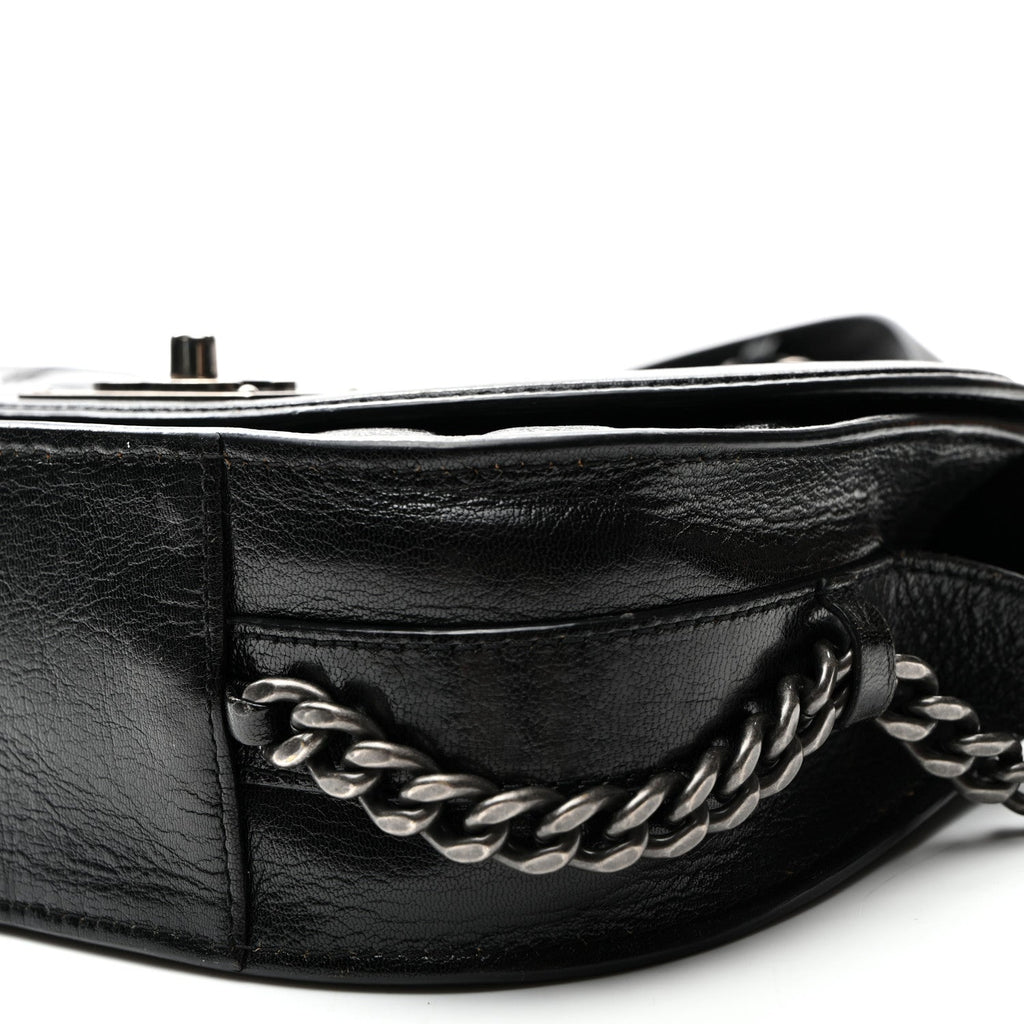 Shiny Goatskin Quilted Small Double Chained Messenger Flap Black