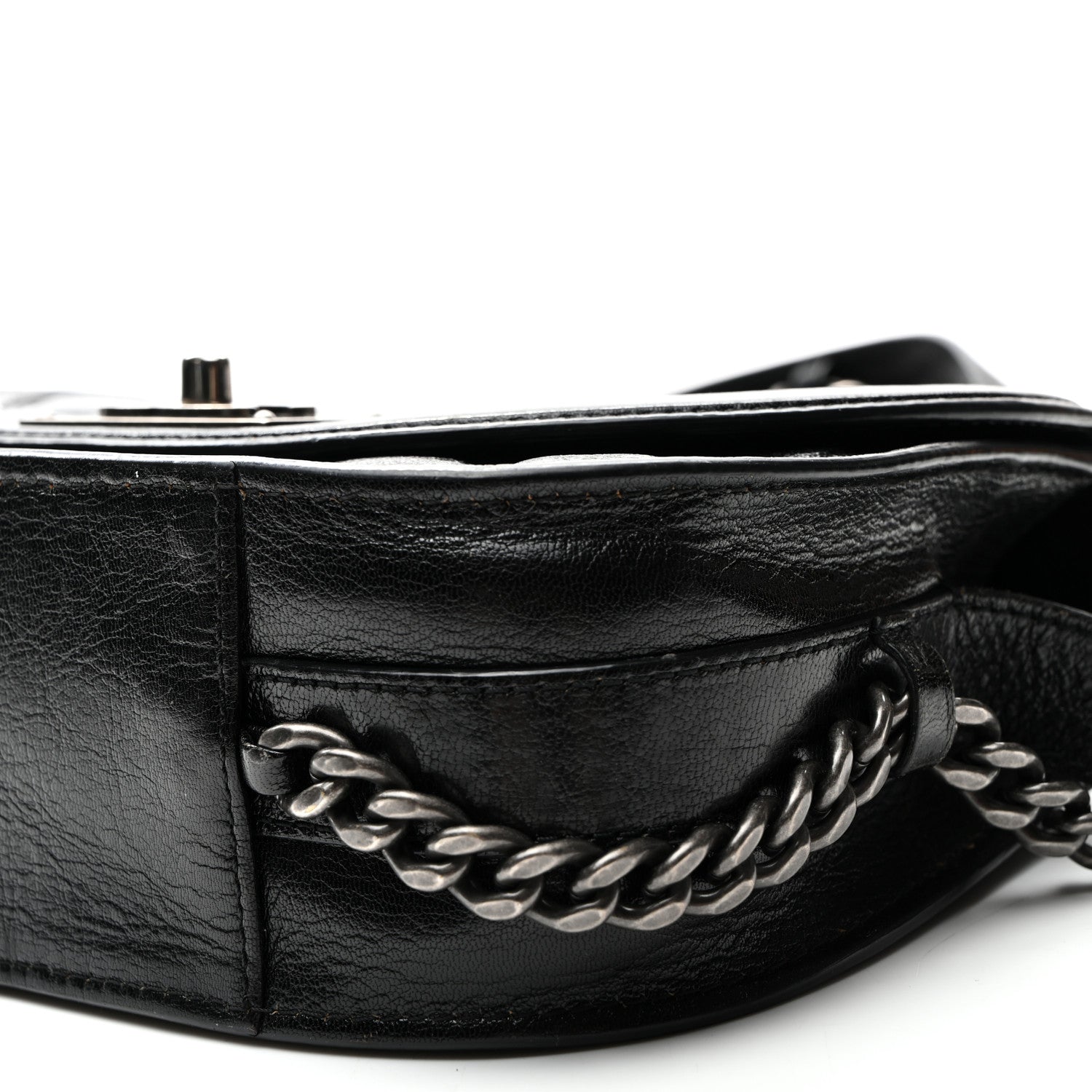 Shiny Goatskin Quilted Small Double Chained Messenger Flap Black