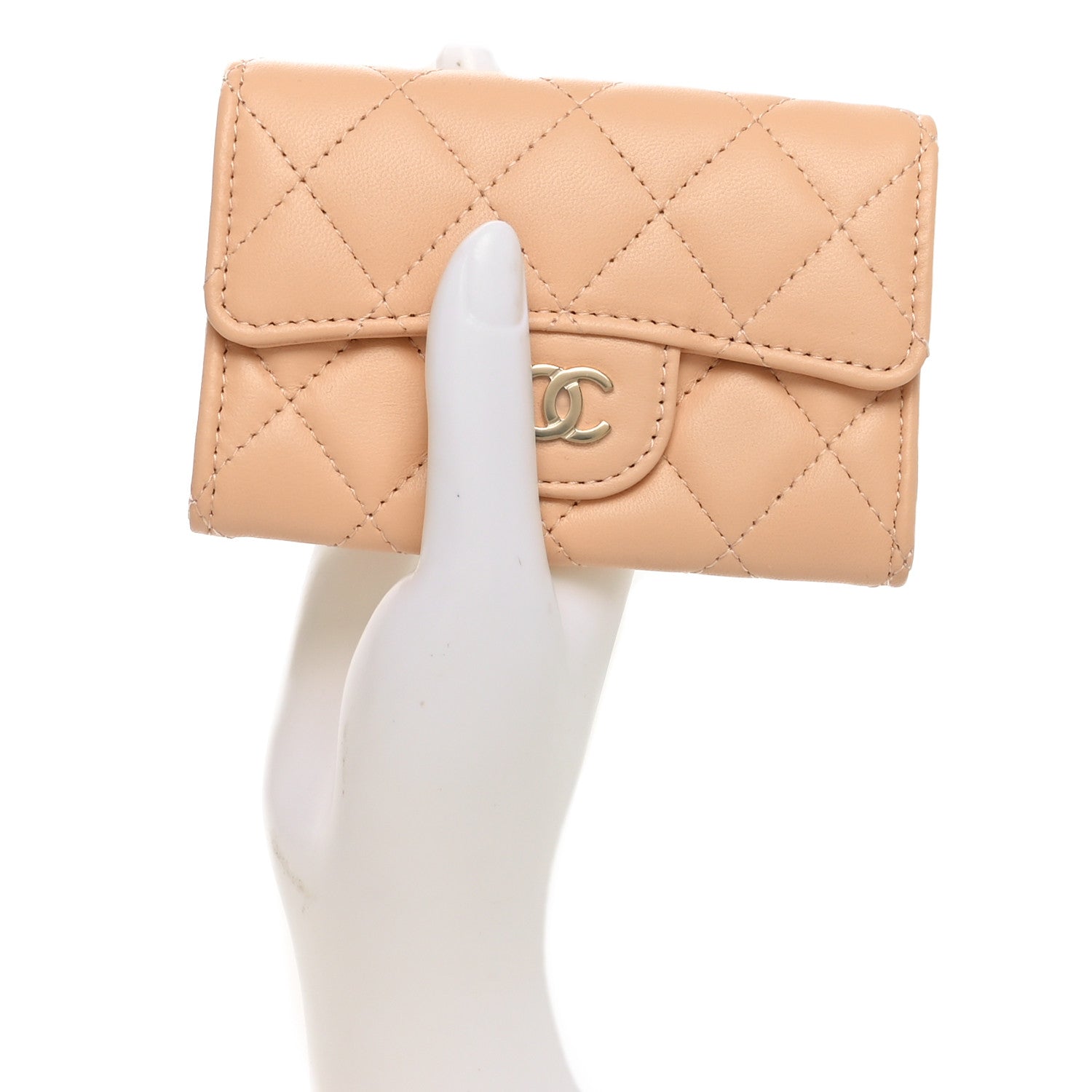 Lambskin Quilted Flap  Holder Wallet Beige