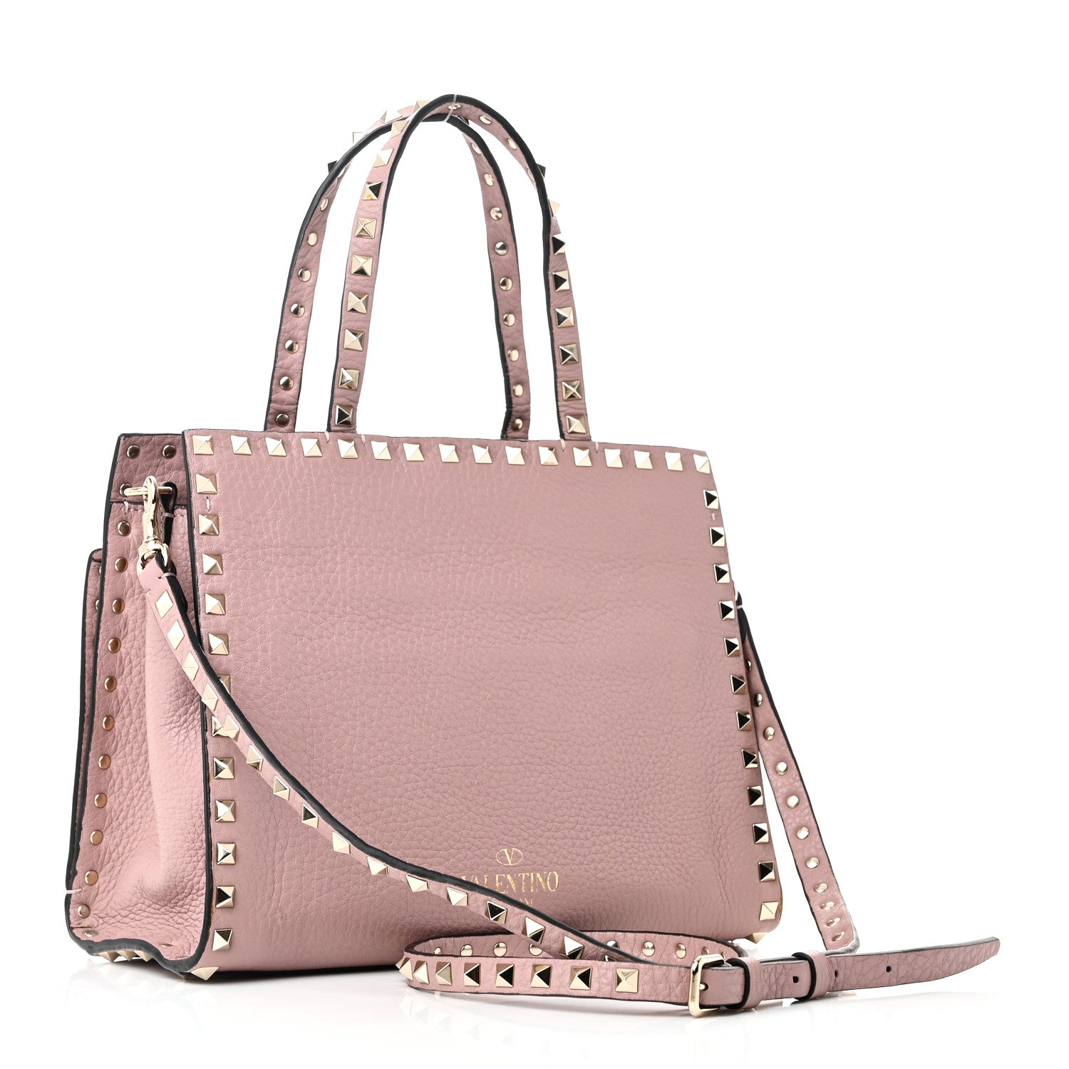 Grained Calfskin Rockstud Flip Lock Tote Lipstick