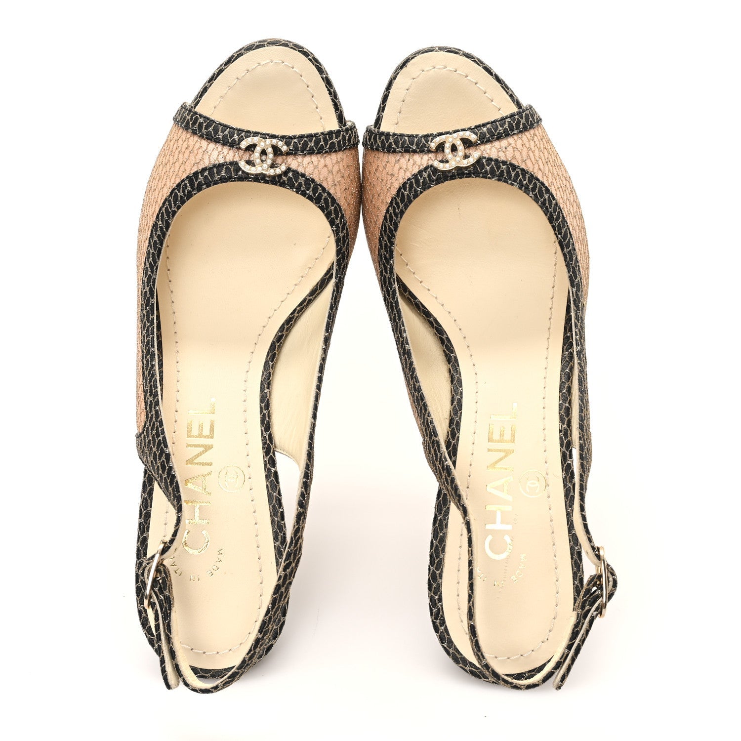 Calfskin Mesh Pearl CC Peep Toe Slingback Pumps 36 Salmon Black