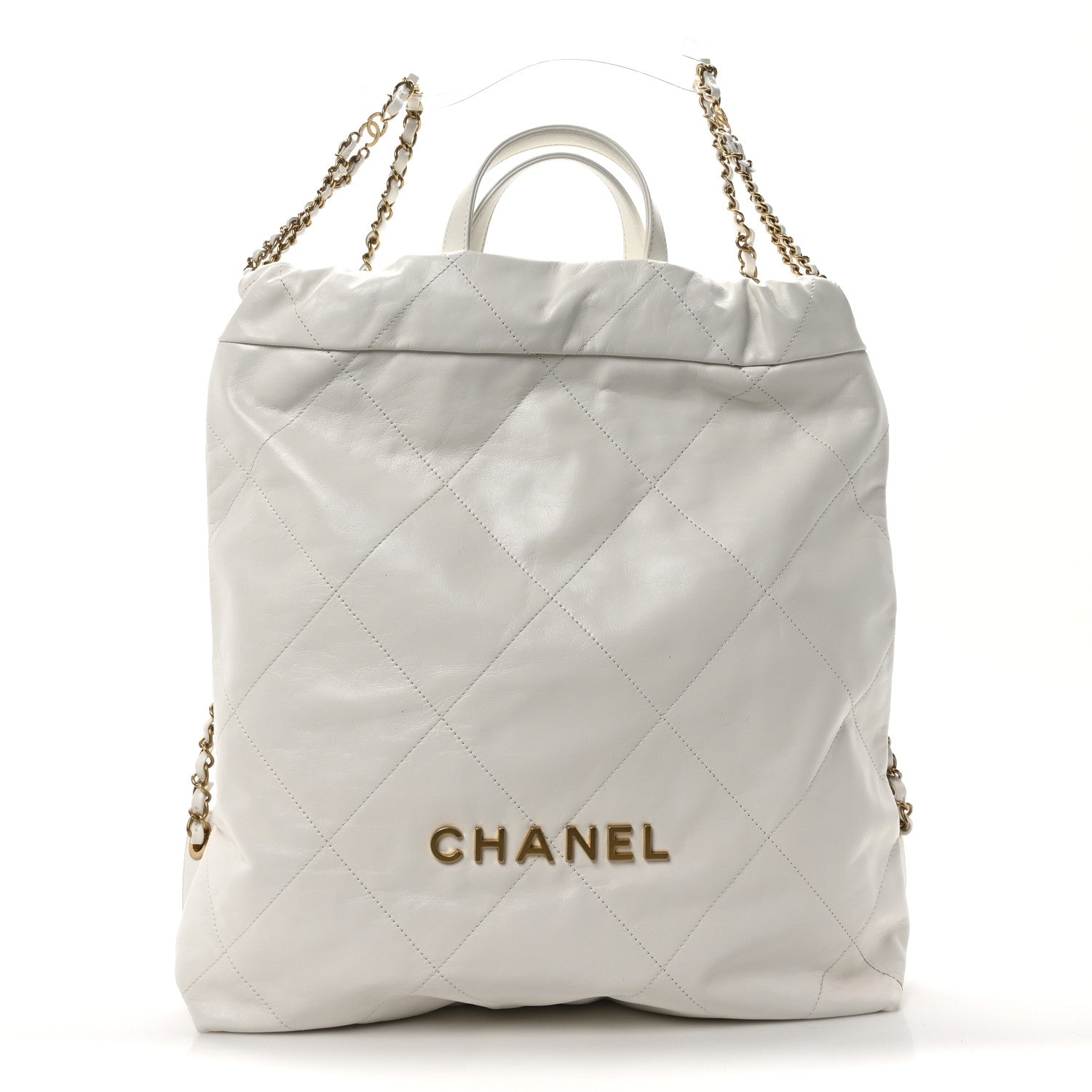 Shiny Calfskin Quilted Chanel 22 Backpack White