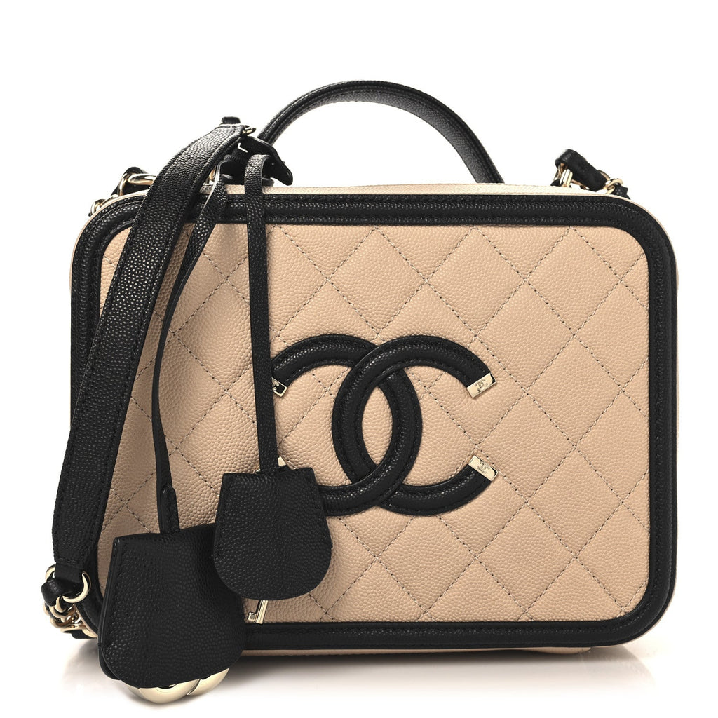 Caviar Quilted Medium CC Filigree Vanity Case Beige Black