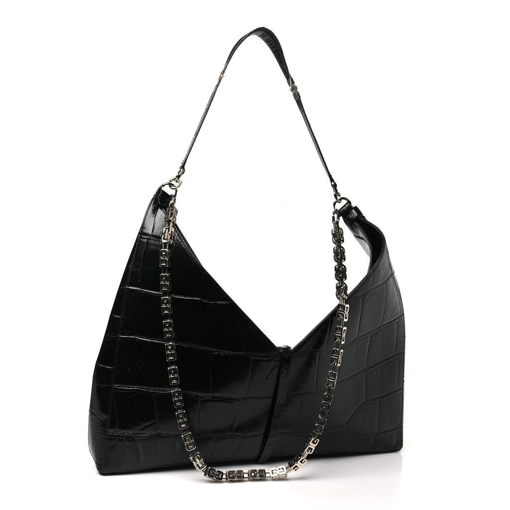 Calfskin Crocodile Embossed Large Cut Out Shoulder Bag Black