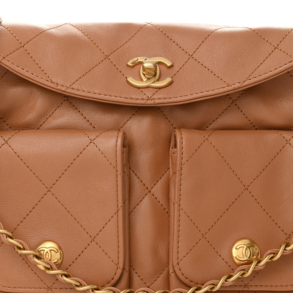 Shiny Calfskin Quilted Supple Twins Small Hobo Bag Brown