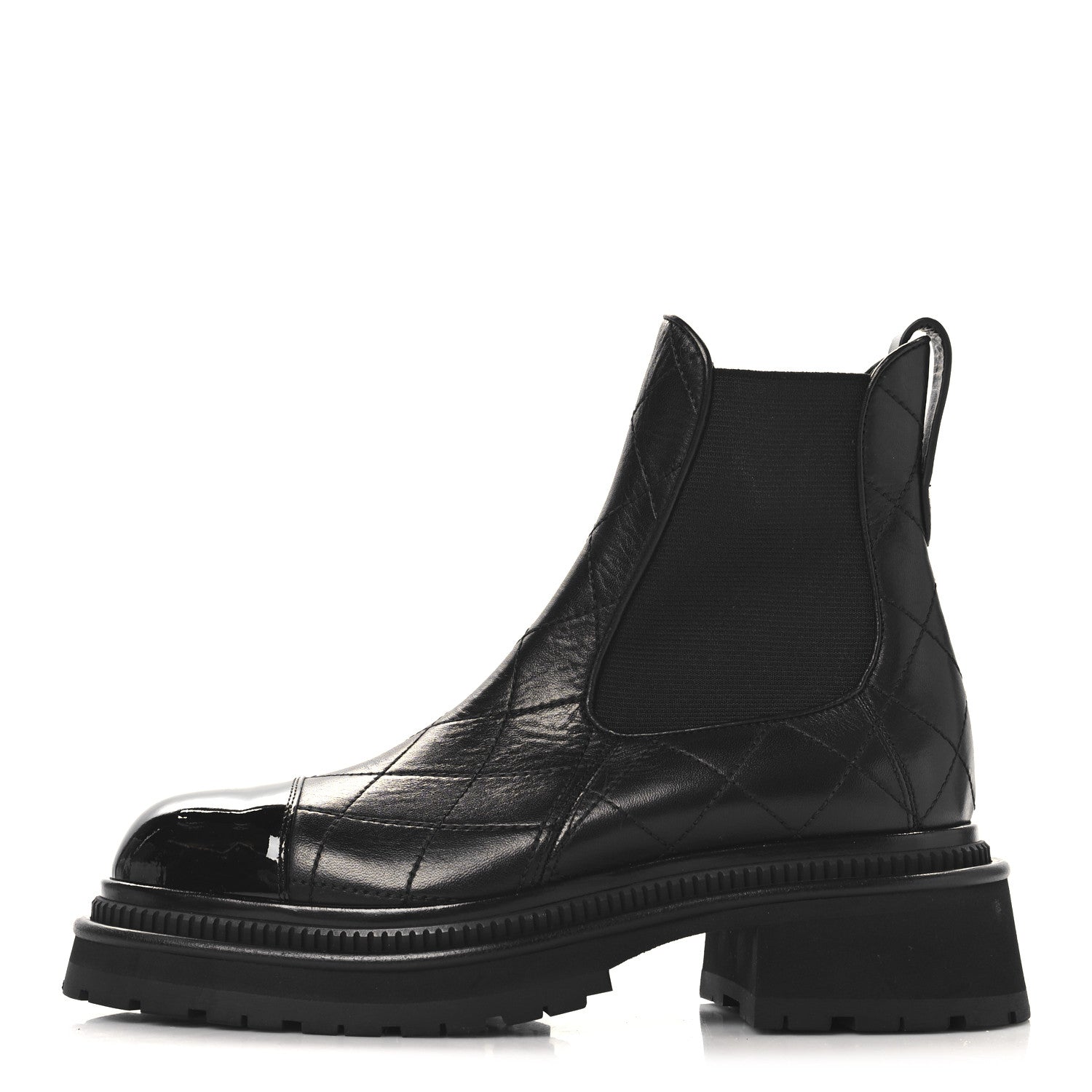 Calfskin Patent Cap Toe Quilted Short Boots 37 Black