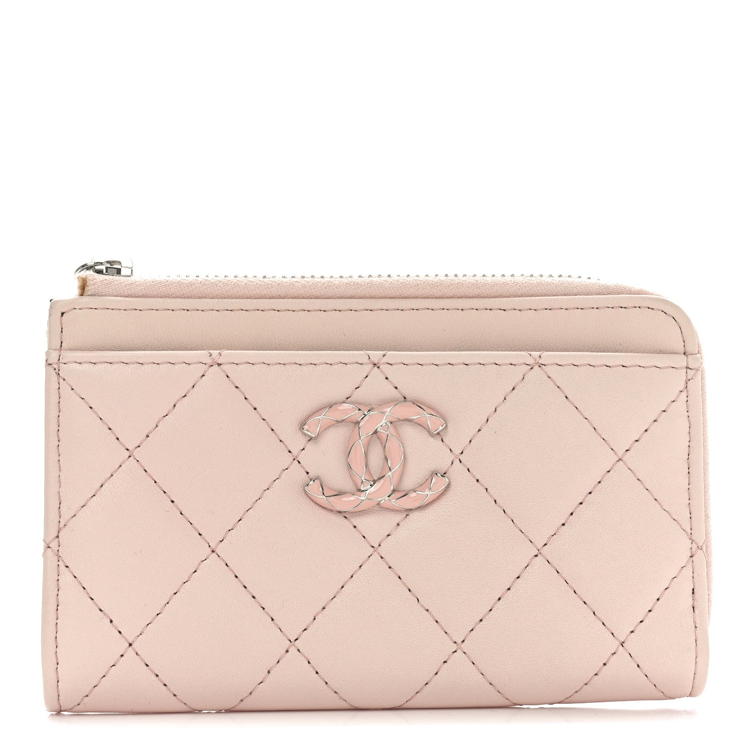 Lambskin Enamel Quilted CC Zip Around  Holder  Pink