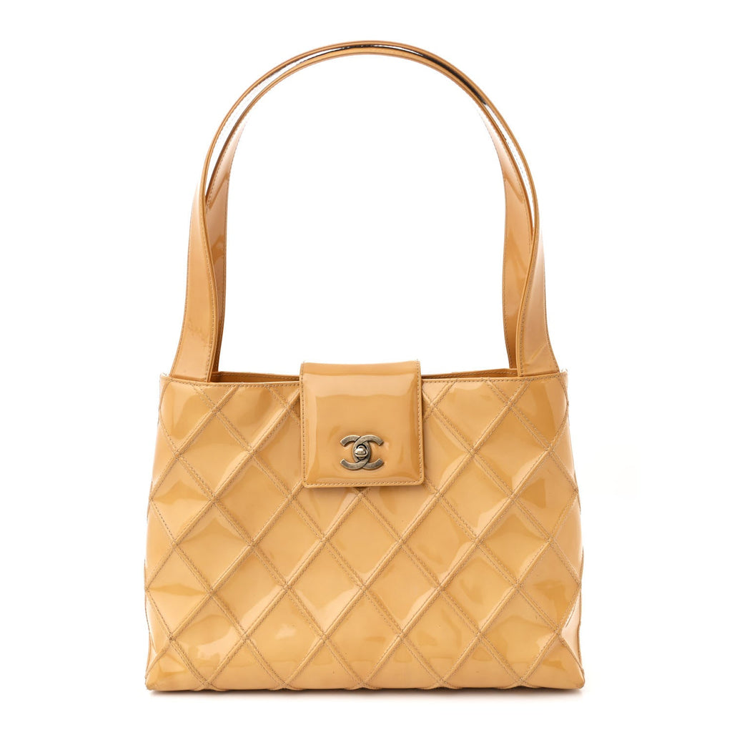 Patent Quilted Shoulder Bag Beige