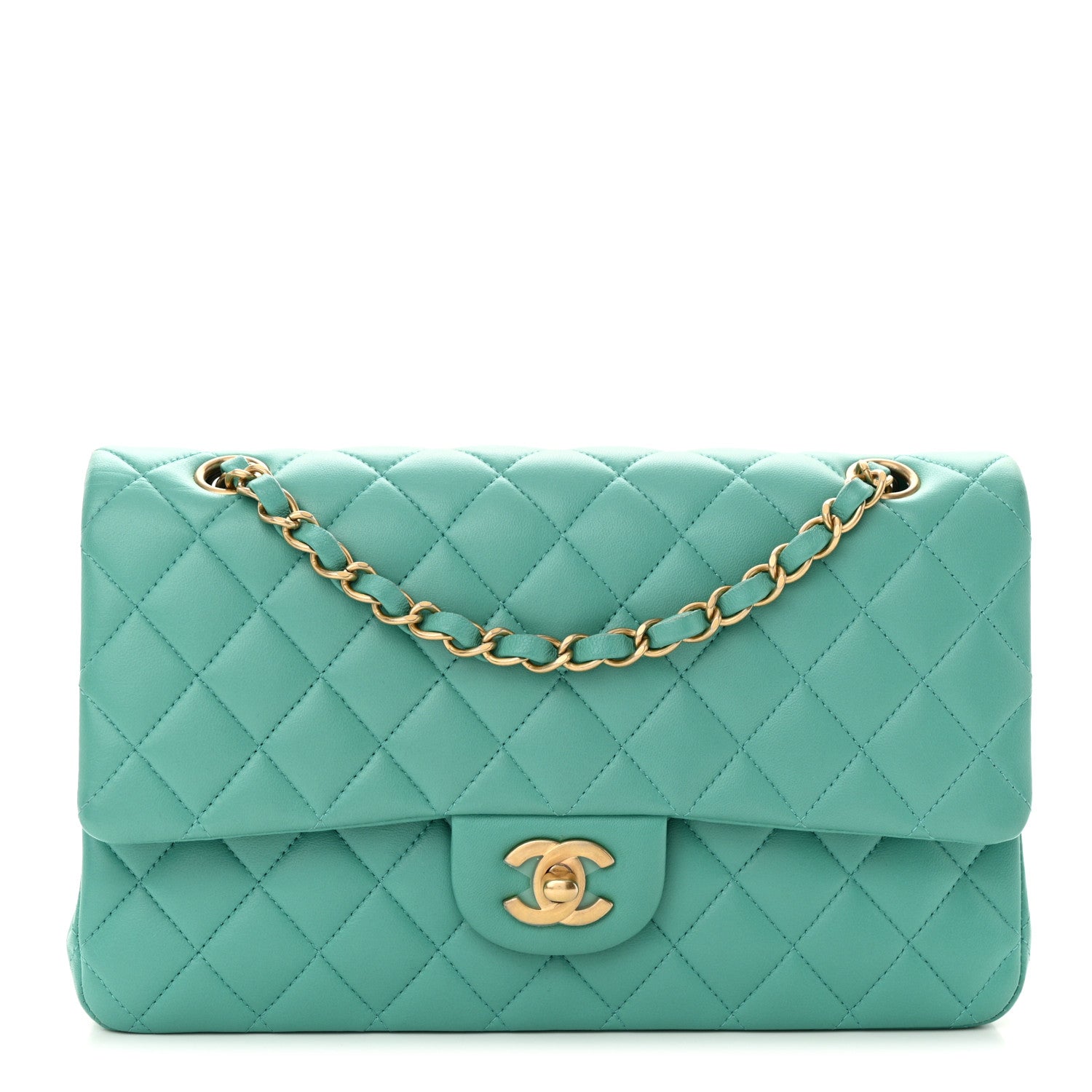 Lambskin Quilted Medium Double Flap Green