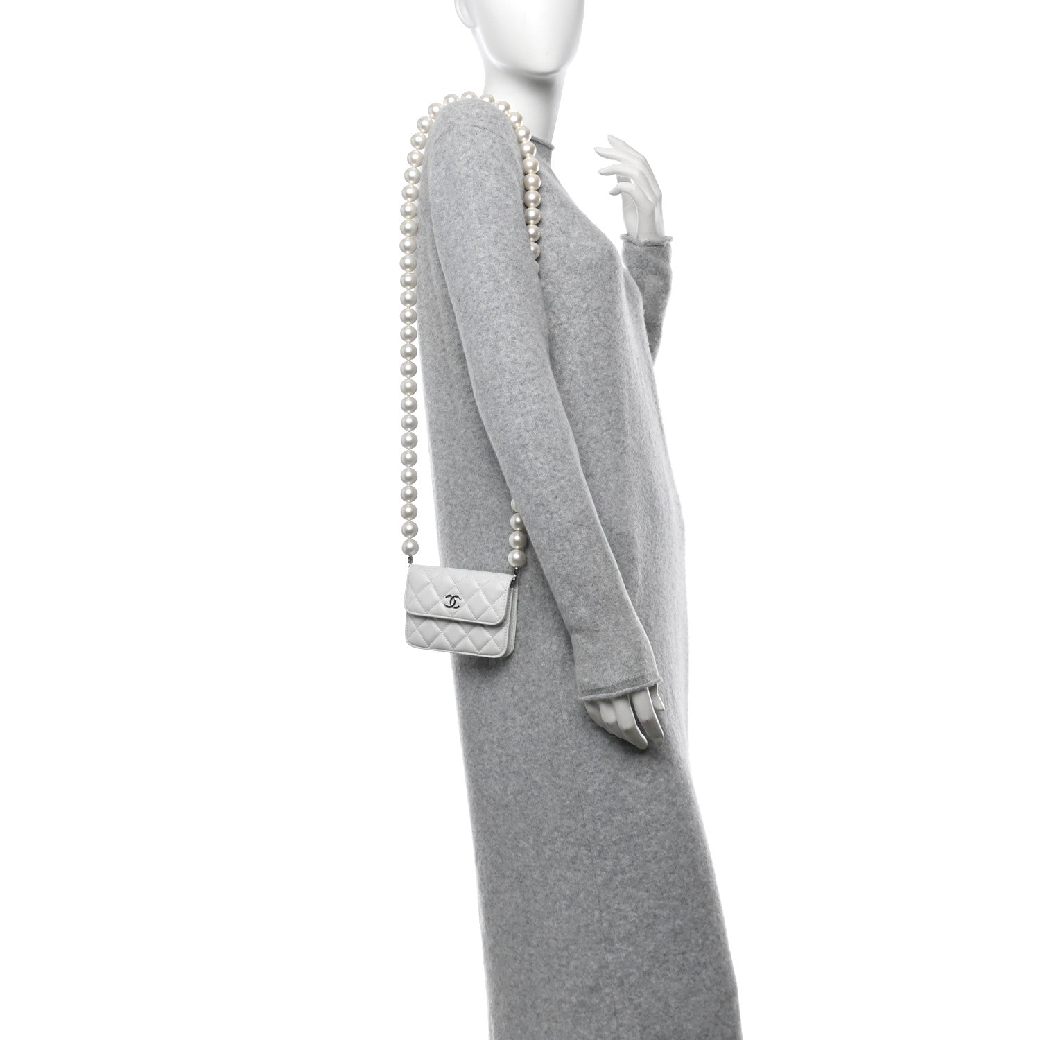 Iridescent Calfskin Quilted Mini Maxi Pearls Wallet On Chain WOC White