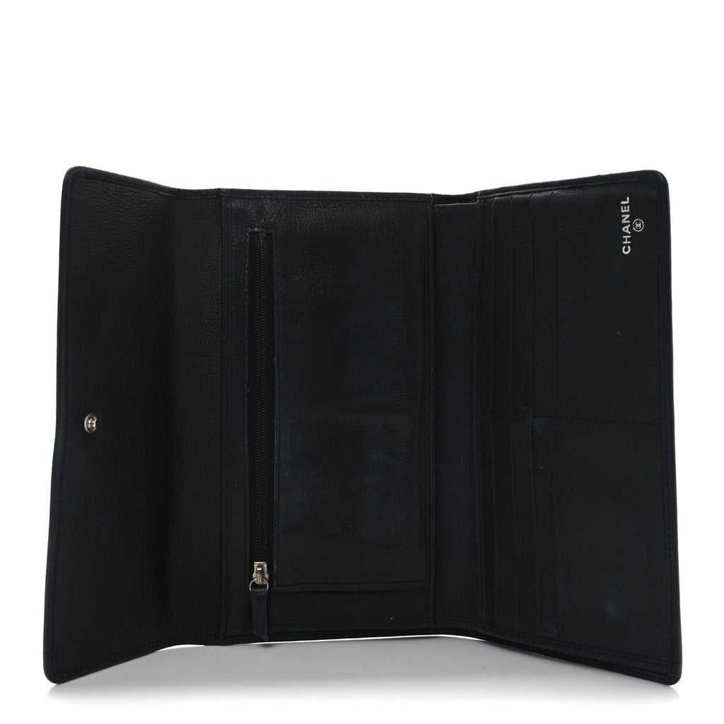 Goatskin Camellia Embossed Flap Wallet Black