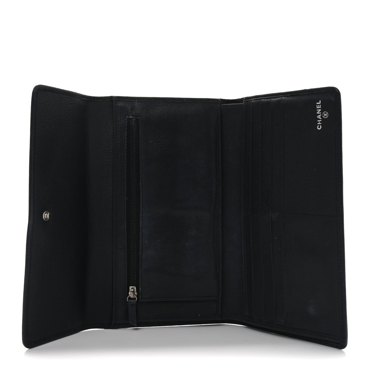 Goatskin Camellia Embossed Flap Wallet Black